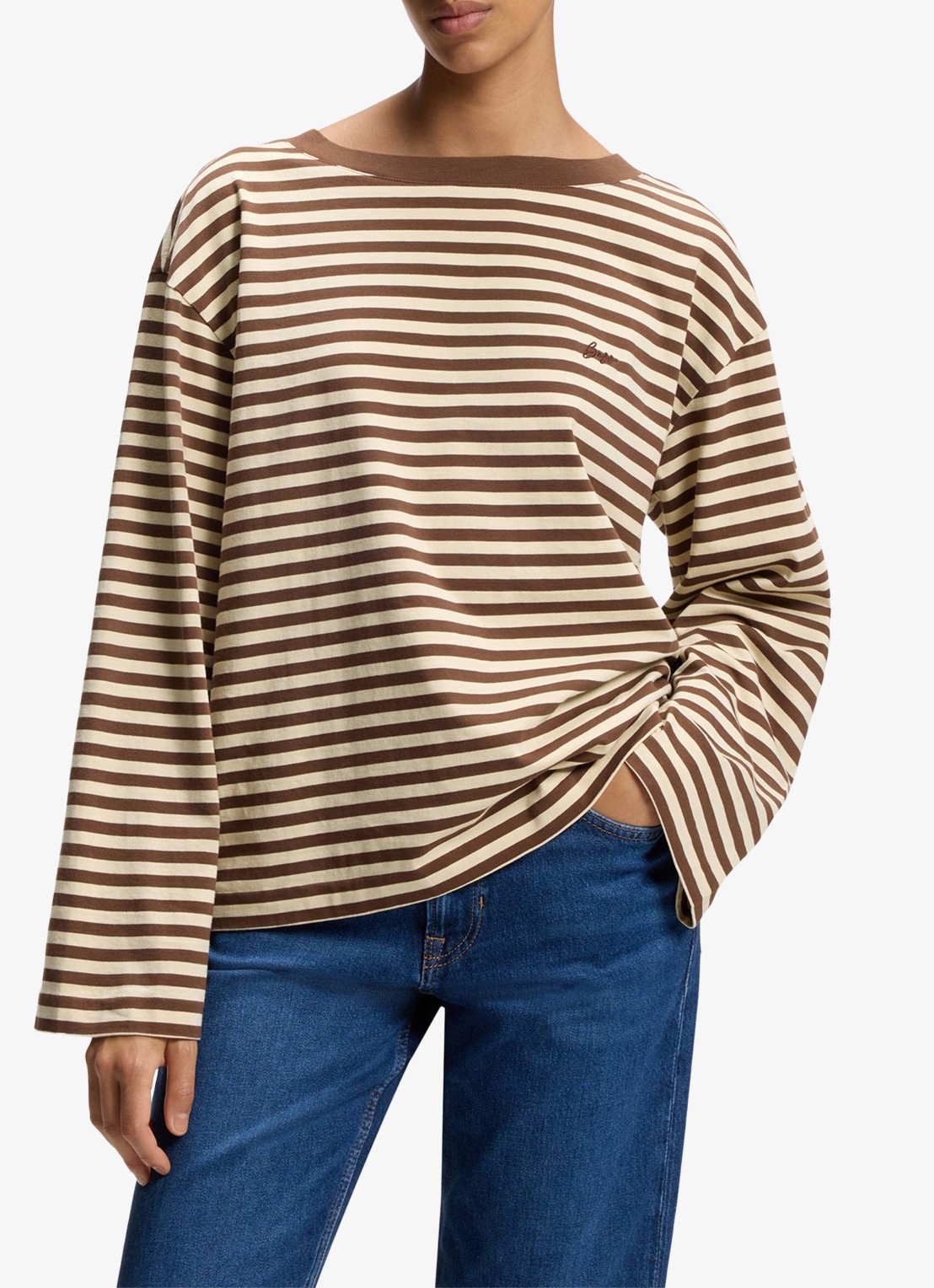 BOSS Longsleeve met streepprint  - detail bruin