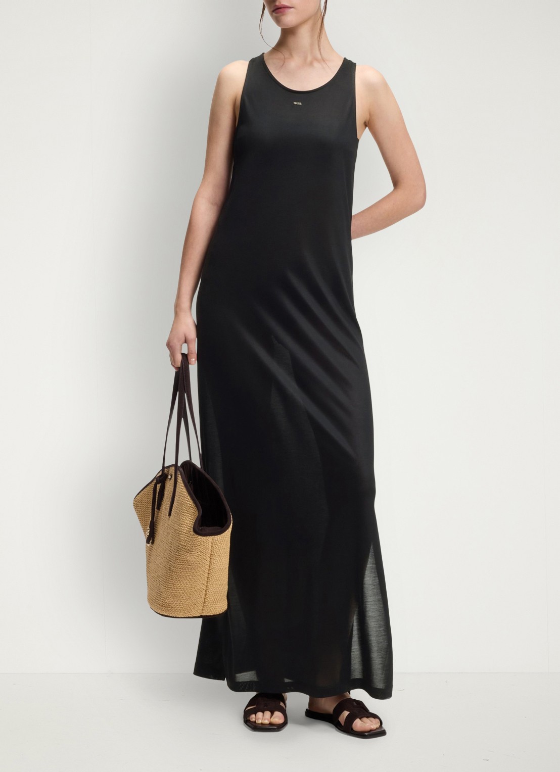 BOSS Maxi mouwloze jurk met ronde hals - detail zwart