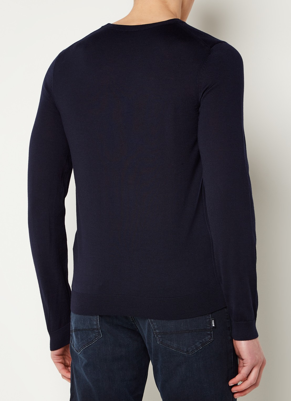 BOSS Melba-P fijngebreide pullover van scheerwol met V-hals - achterkant donkerblauw