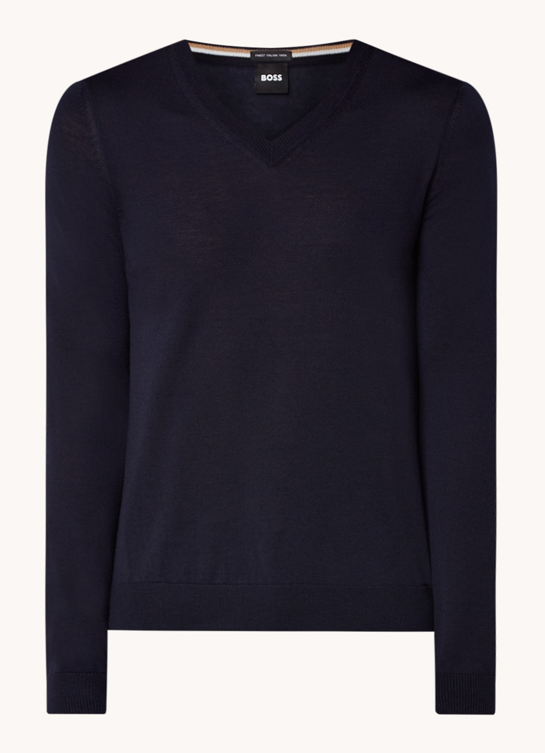 BOSS Melba-P fijngebreide pullover van scheerwol met V-hals - voorkant 2 donkerblauw