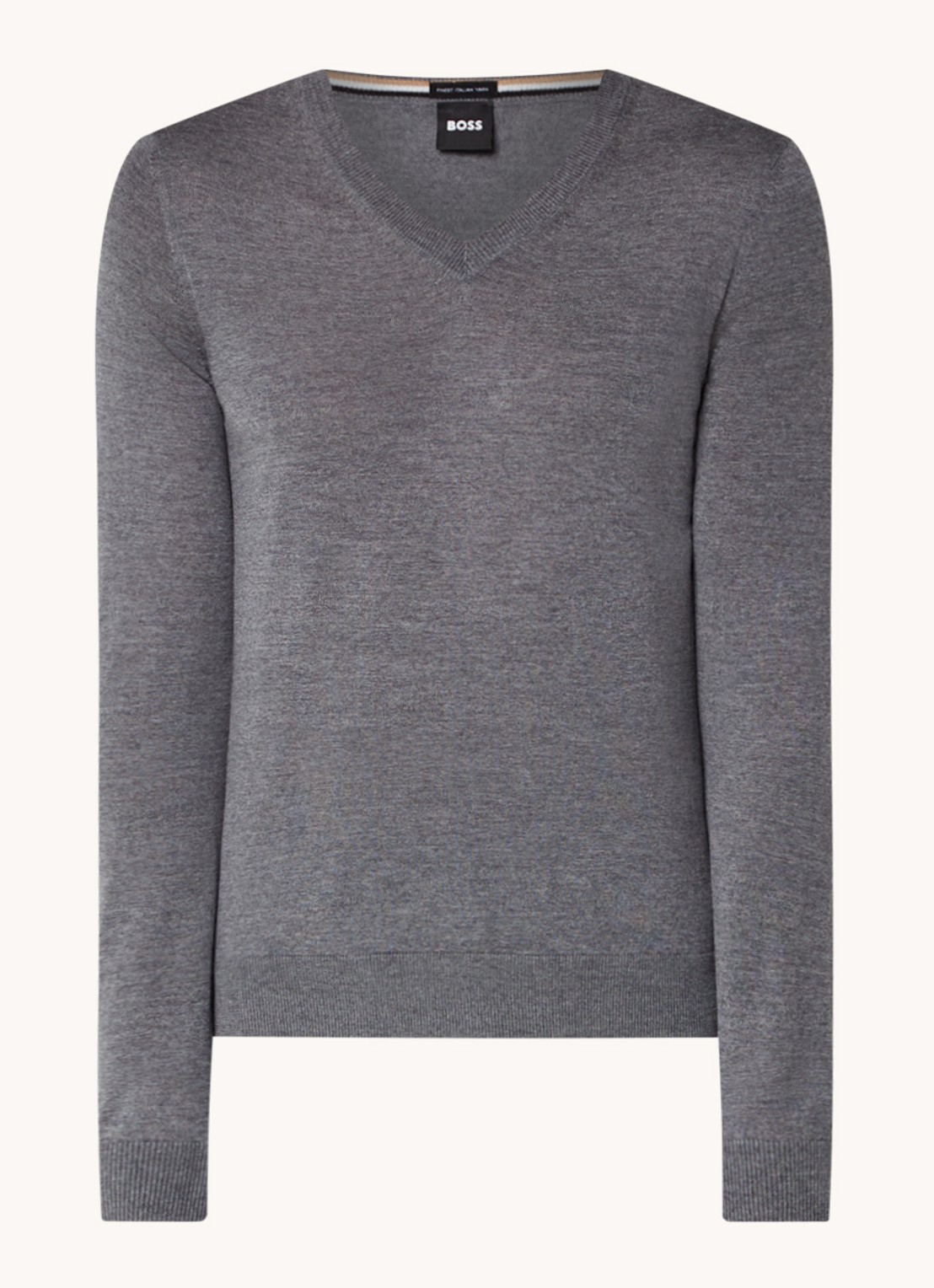 BOSS Melba-P fijngebreide pullover van scheerwol met V-hals - voorkant middengrijs