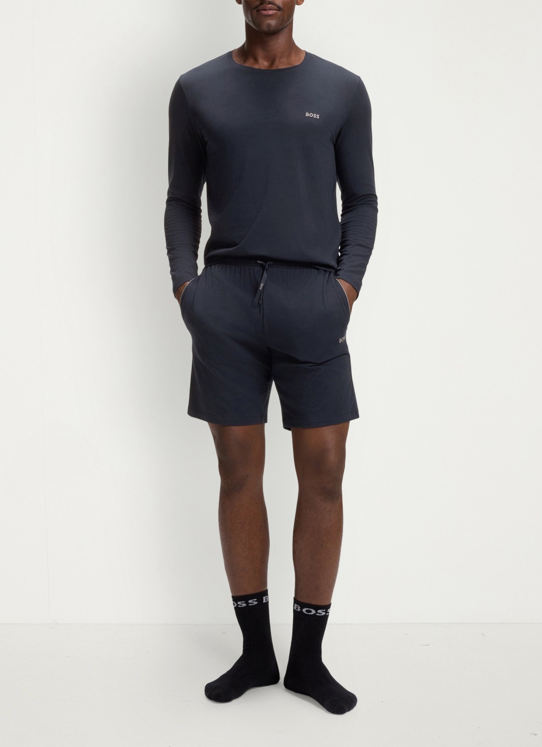 BOSS Mix&Match straight fit korte loungebroek met logo - voorkant 5 donkerblauw
