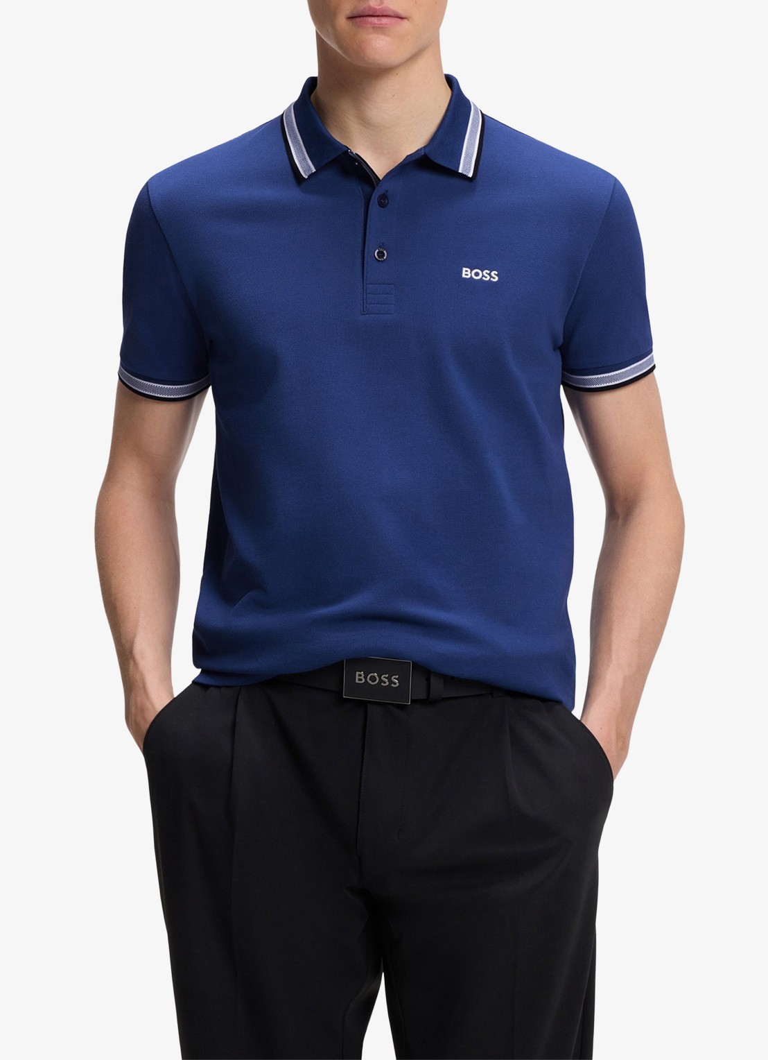 BOSS Paddy regular fit polo van piqué katoen met logo  - detail medium blue-420 / blauw