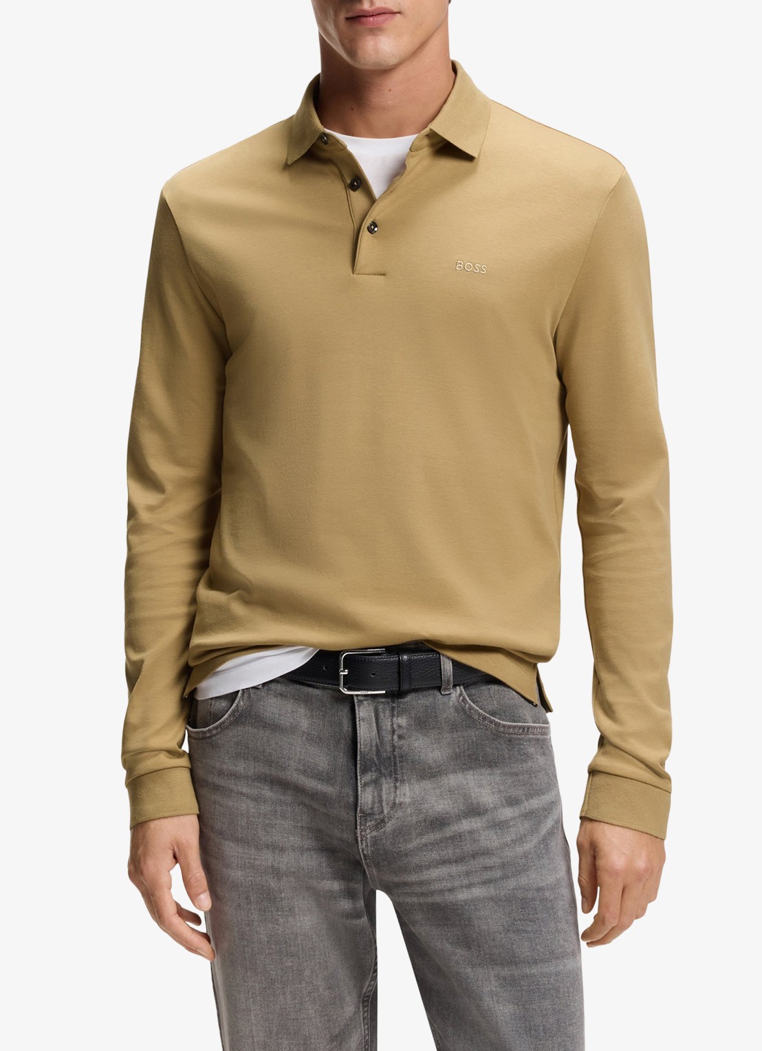 BOSS Pado regular fit polo met logo en stretch  - detail donkerbeige