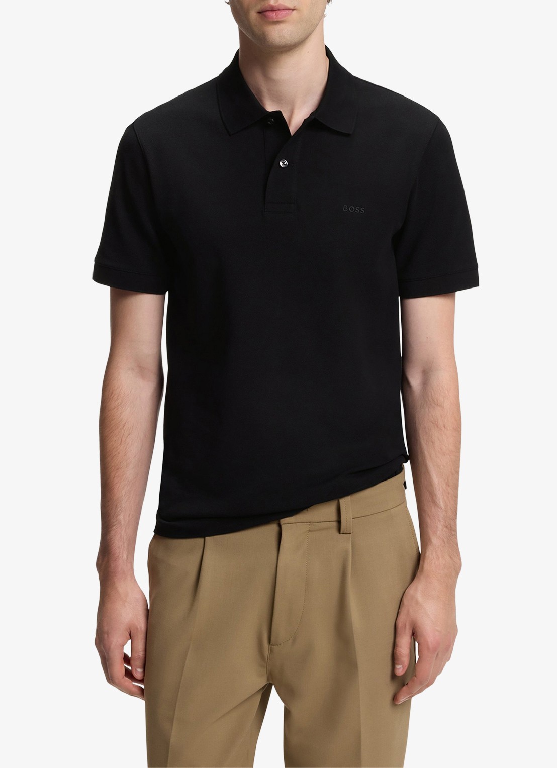 BOSS Pallas-polo van katoenpiqué met logostiksel - detail 2 black-001 / zwart