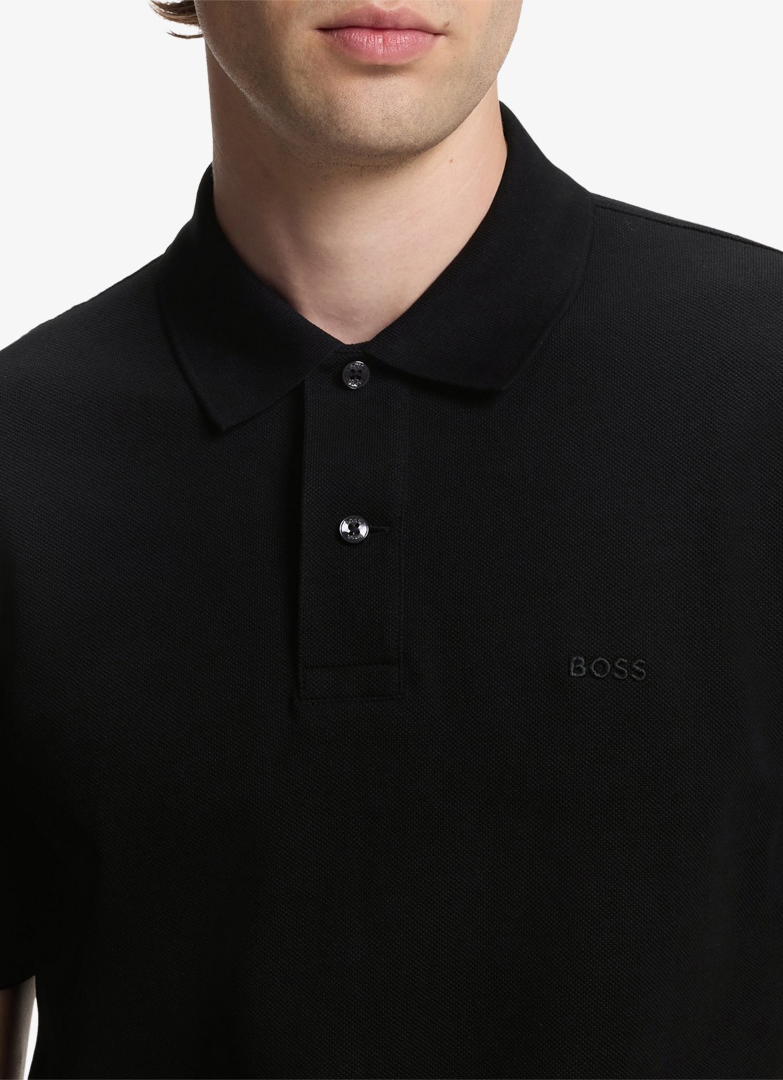BOSS Pallas-polo van katoenpiqué met logostiksel - detail 4 black-001 / zwart