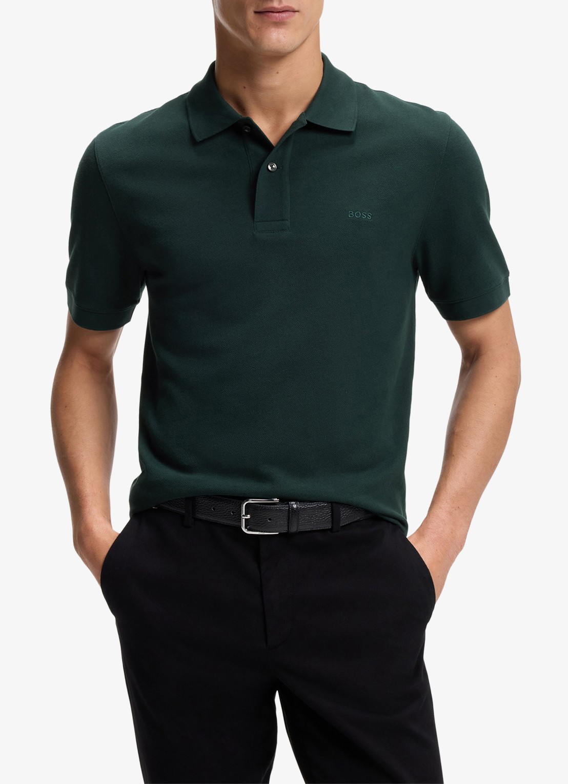 BOSS Pallas-polo van katoenpiqué met logostiksel - detail 4 open green-349 / groen