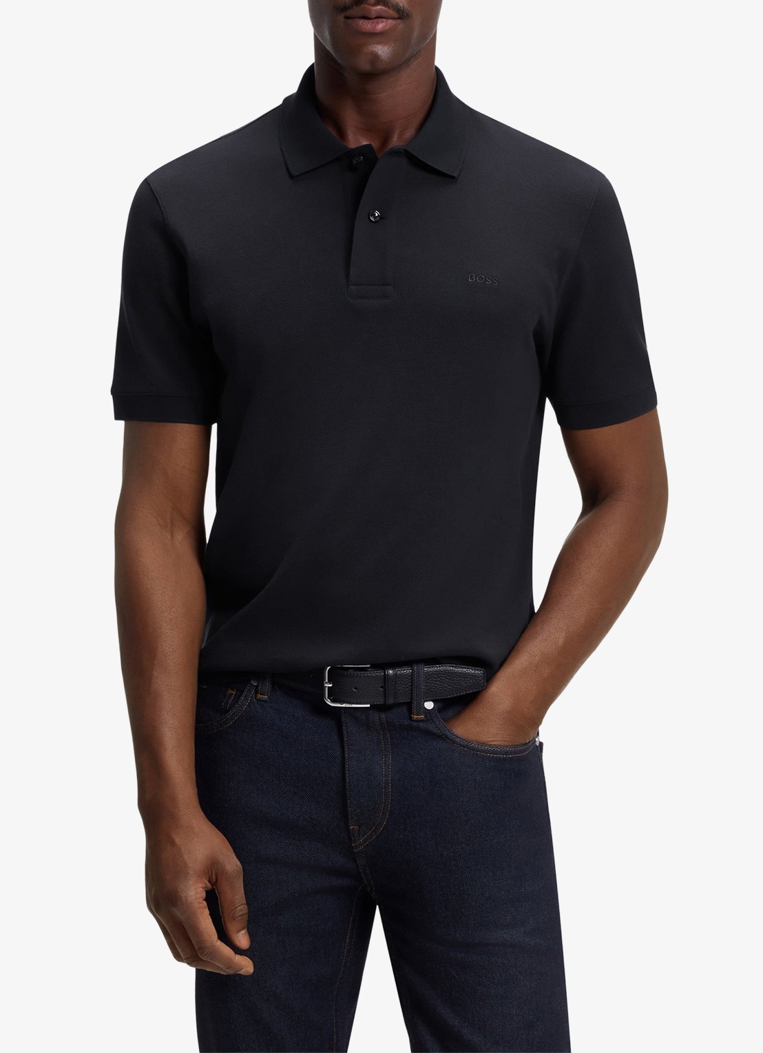 BOSS Pallas-polo van katoenpiqué met logostiksel - detail 4 dark blue-404 / blauw