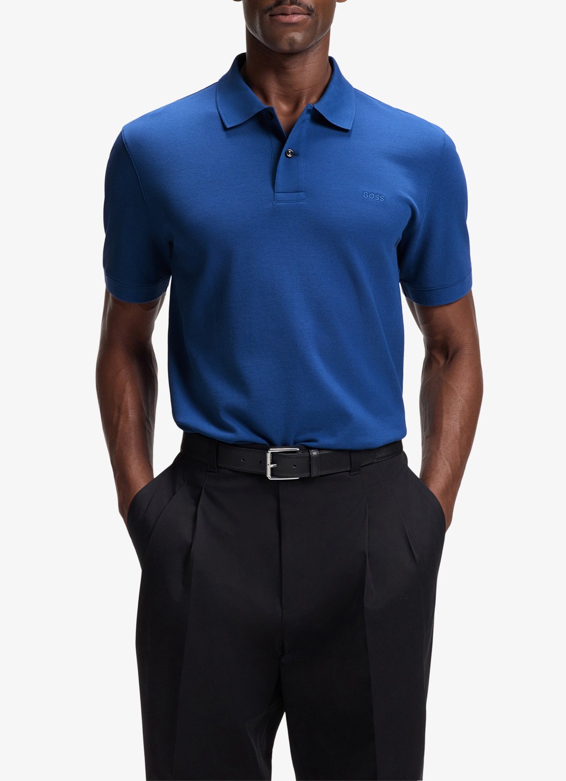 BOSS Pallas-polo van katoenpiqué met logostiksel - detail medium blue-429 / blauw