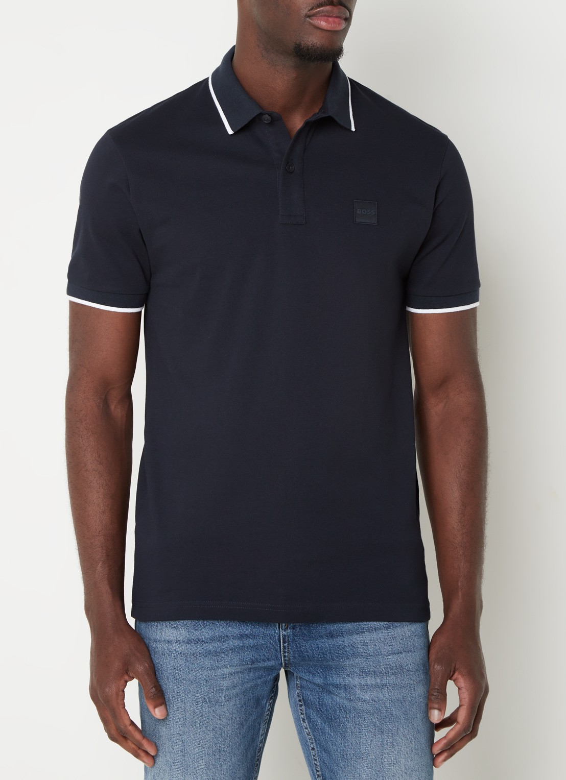 BOSS Passertip slim fit polo van piqué katoen met logo - detail 4 donkerblauw