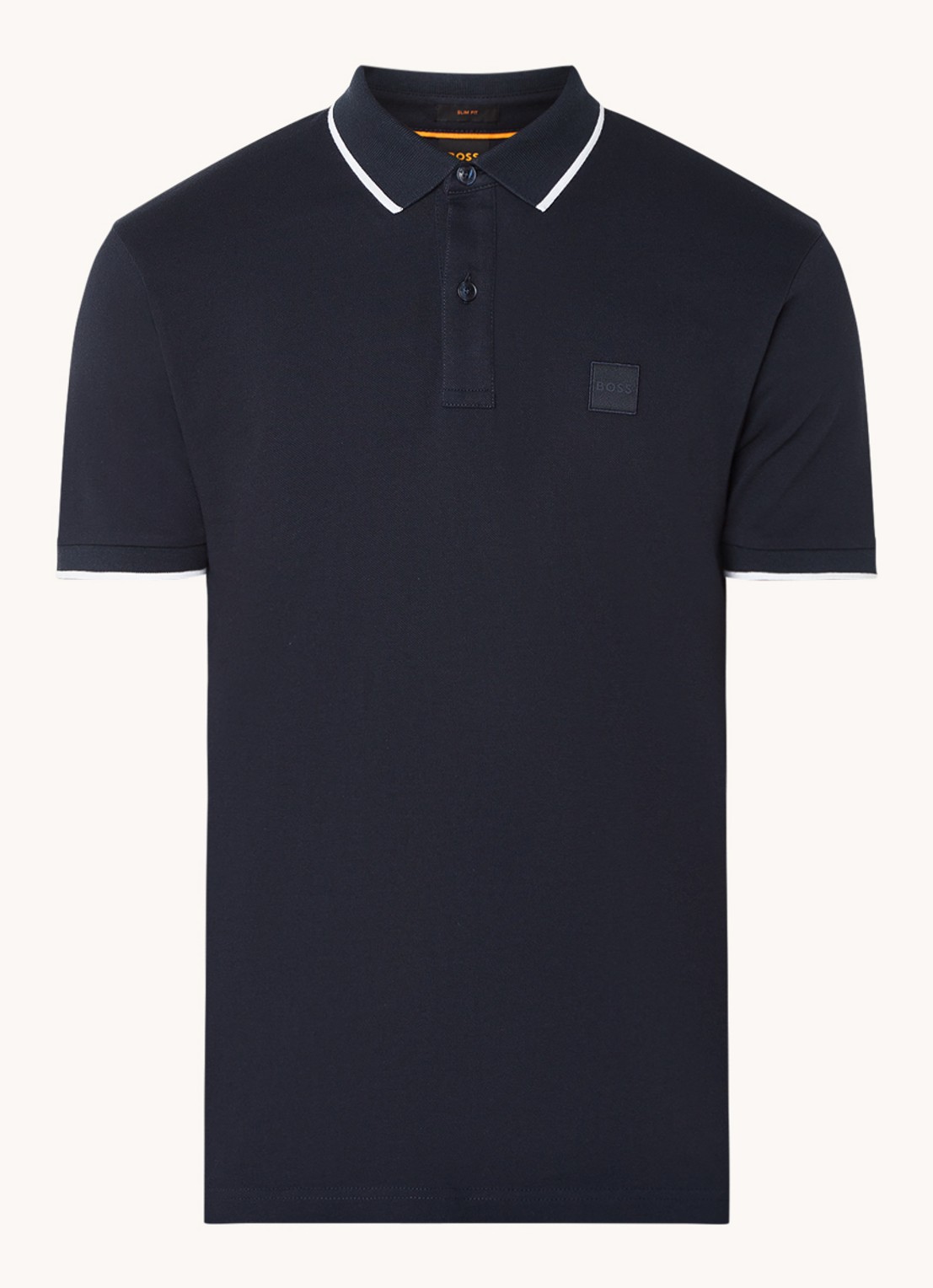 BOSS Passertip slim fit polo van piqué katoen met logo - voorkant 2 donkerblauw