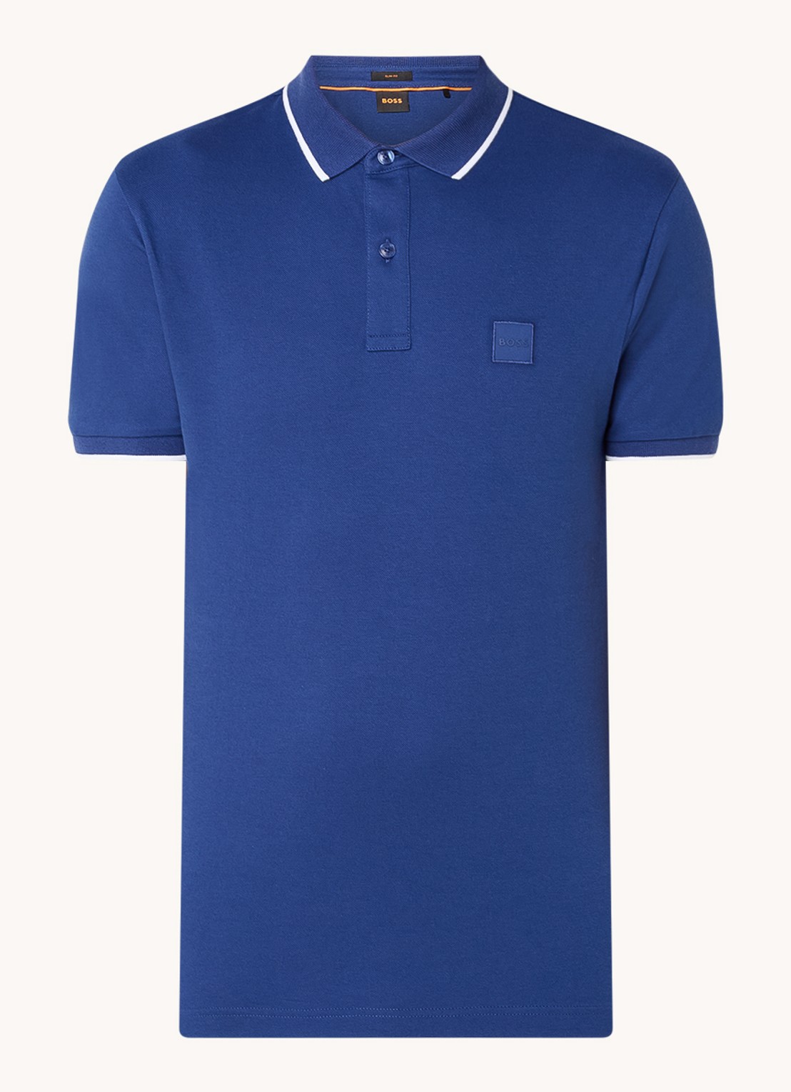 BOSS Passertip slim fit polo van piqué katoen met logo - voorkant royalblauw