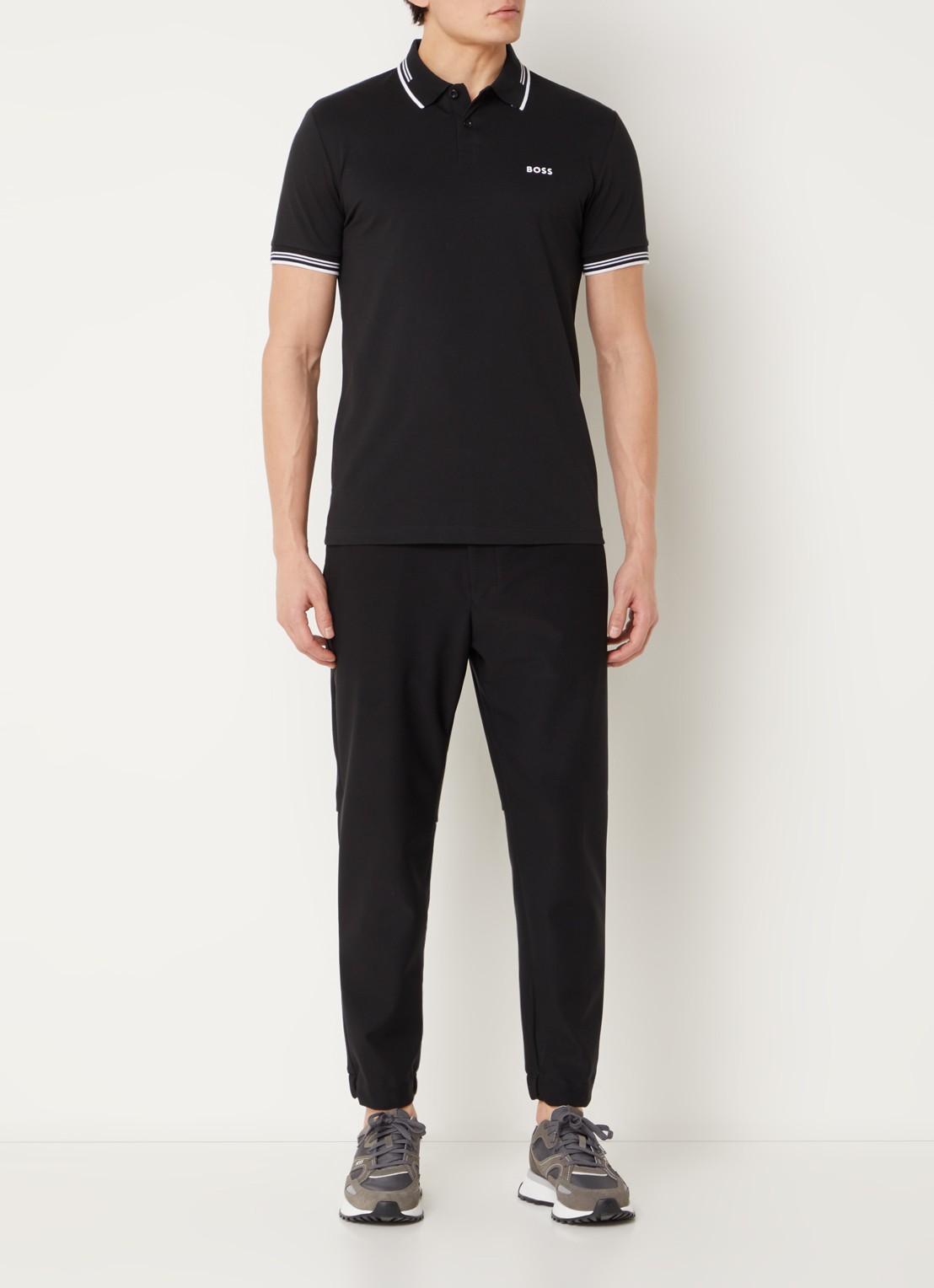 BOSS Paul slim fit polo van piqué katoen met logo - voorkant 2 zwart