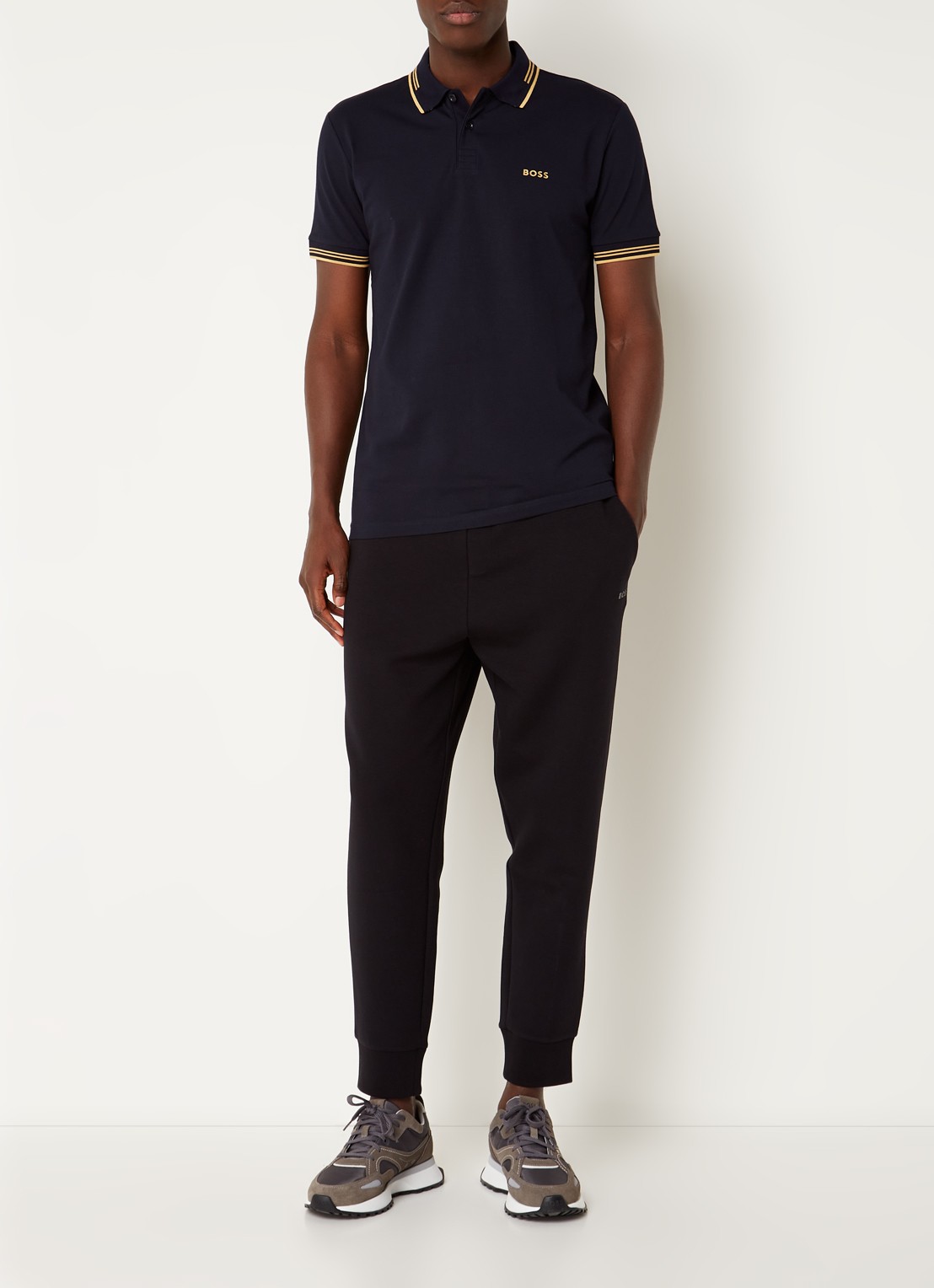 BOSS Paul slim fit polo van piqué katoen met logo - voorkant 3 donkerblauw