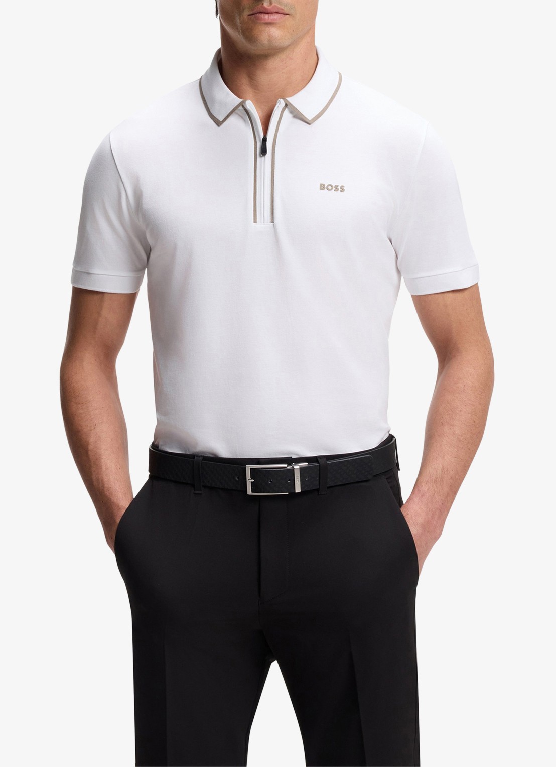 BOSS Phillix Tape regular fit polo van piqué katoen met logo - detail wit