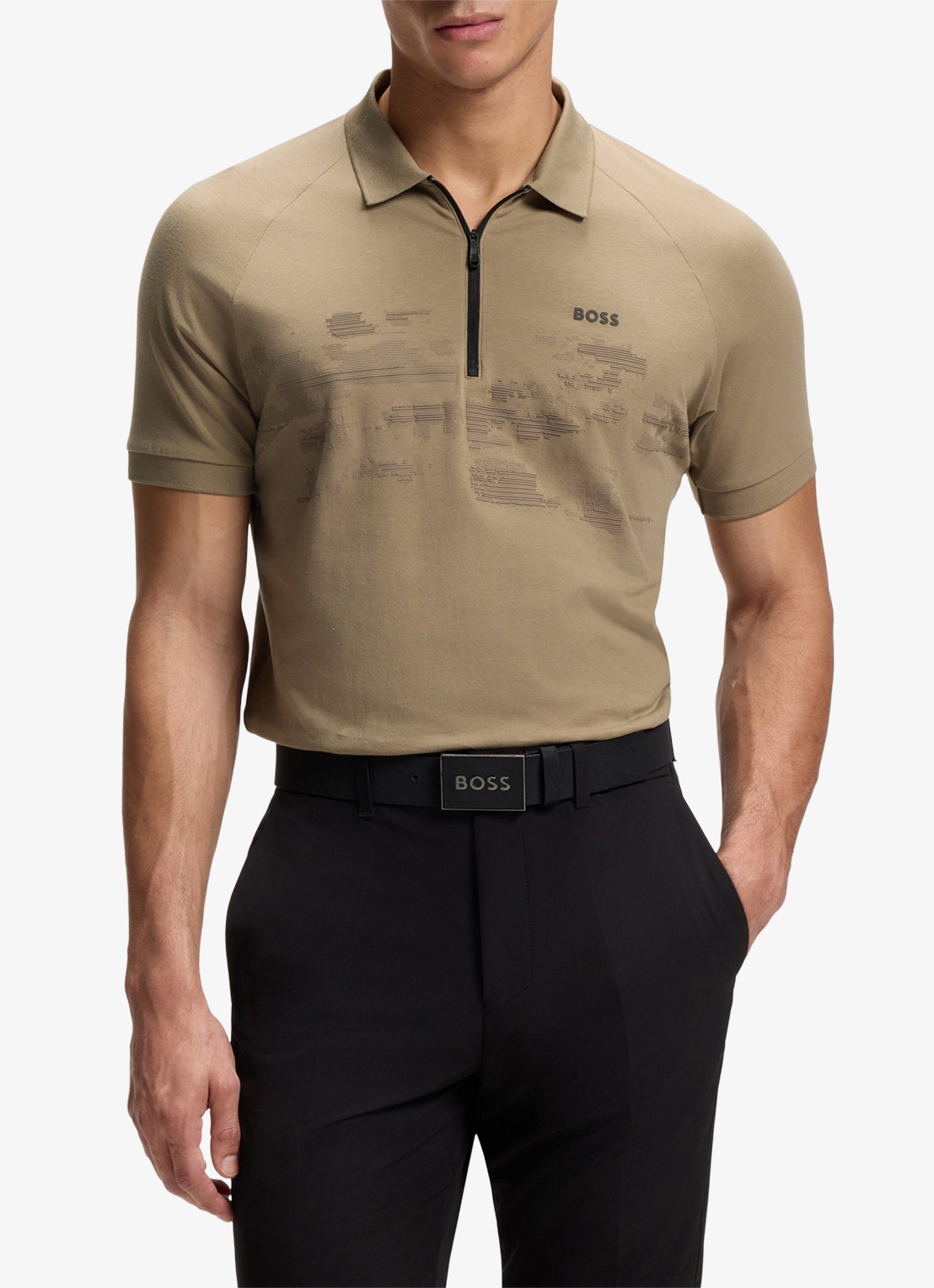 BOSS Polo met halve rits - detail bronsgroen