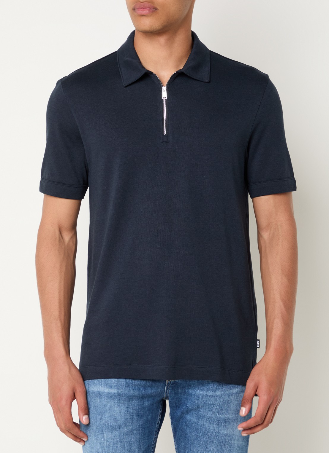 BOSS Polo met piquéstructuur en kraag met rits - detail donkerblauw