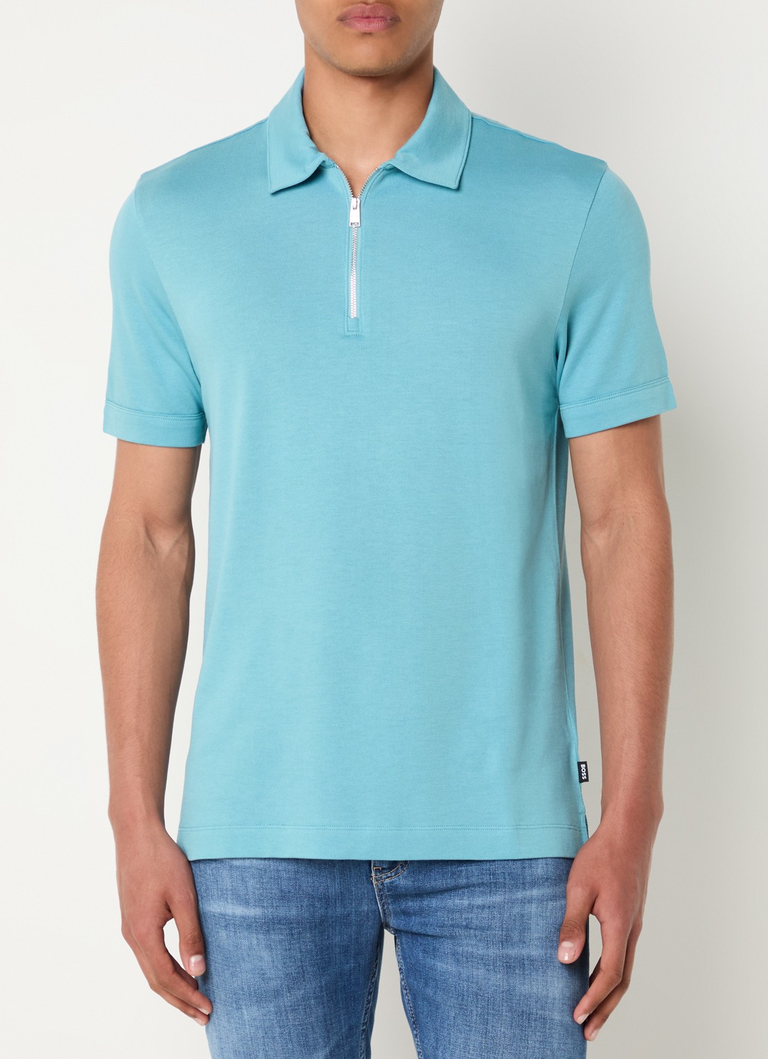 BOSS Polo met piquéstructuur en kraag met rits - detail turquoise