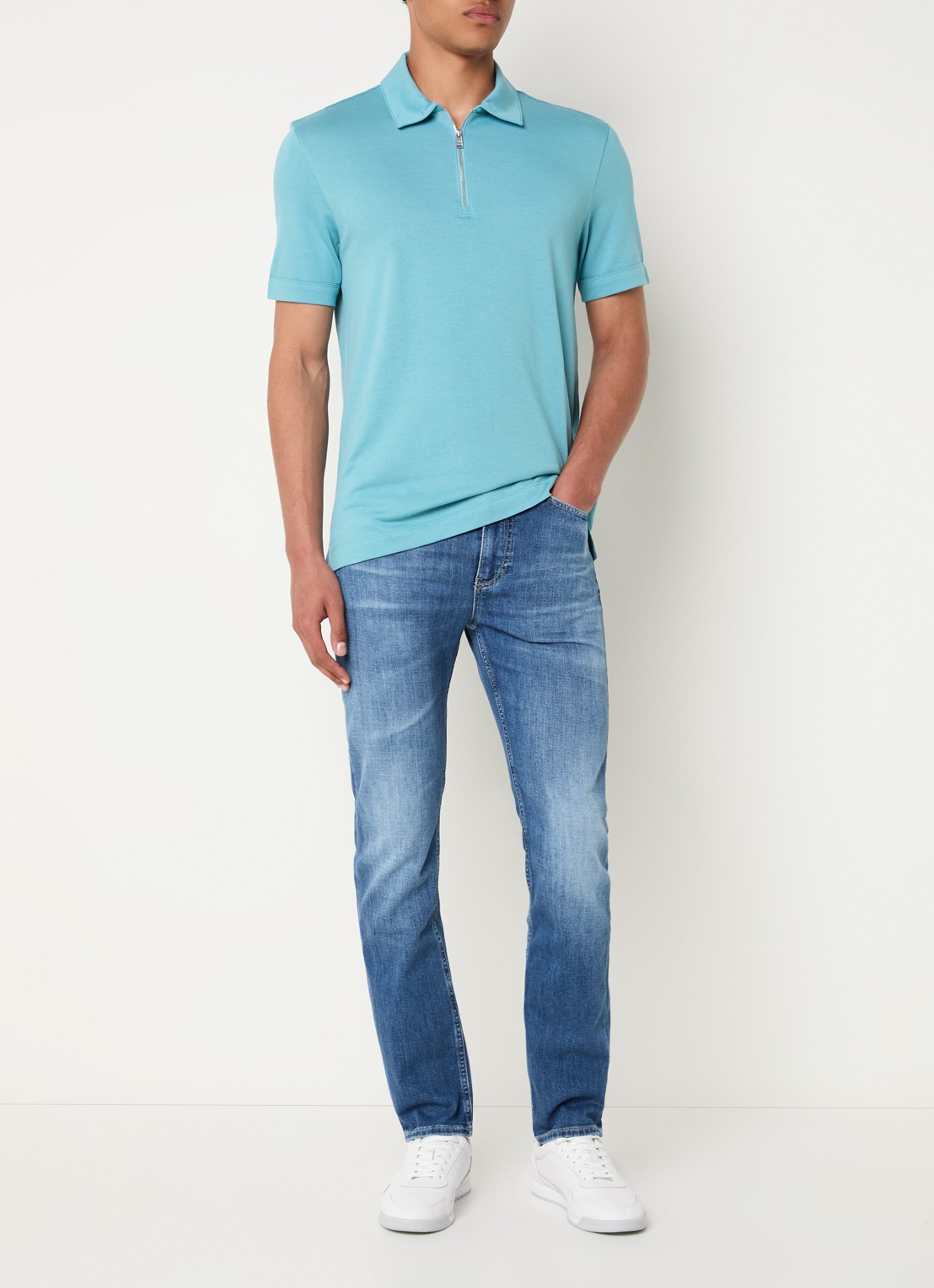 BOSS Polo met piquéstructuur en kraag met rits - voorkant 3 turquoise