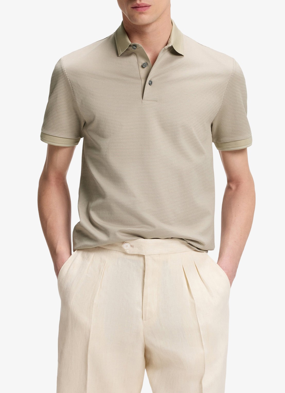 BOSS Polo met streepprint - detail beige