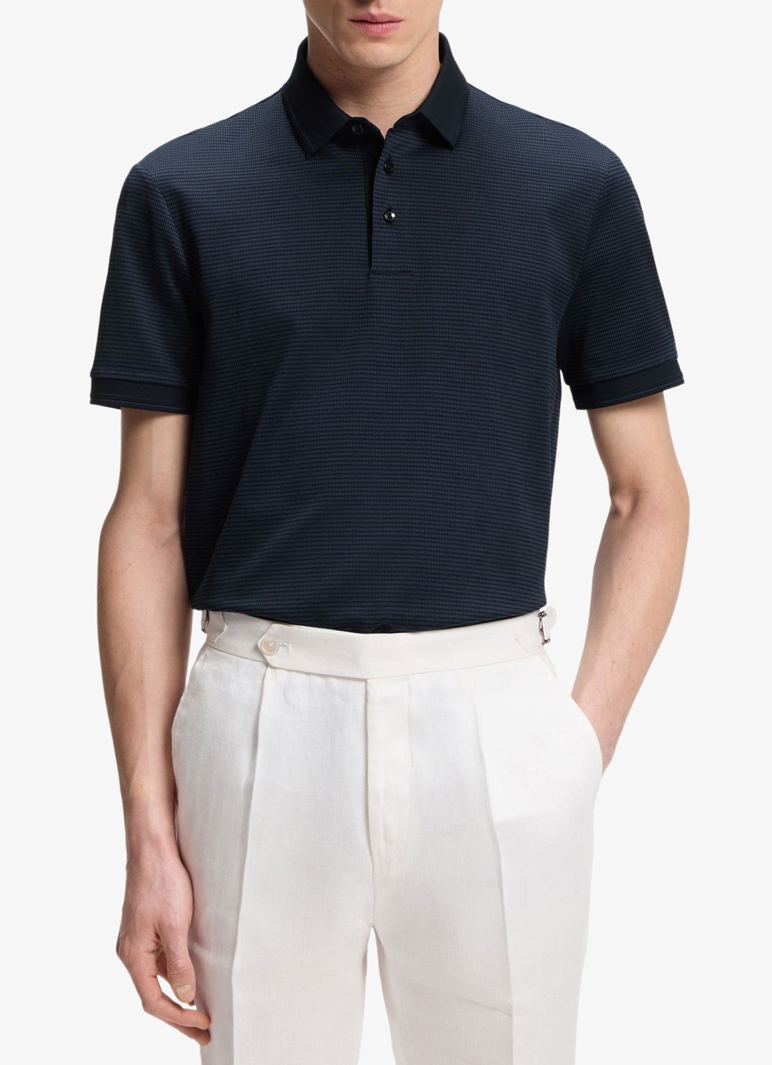 BOSS Polo met streepprint - detail 4 donkerblauw
