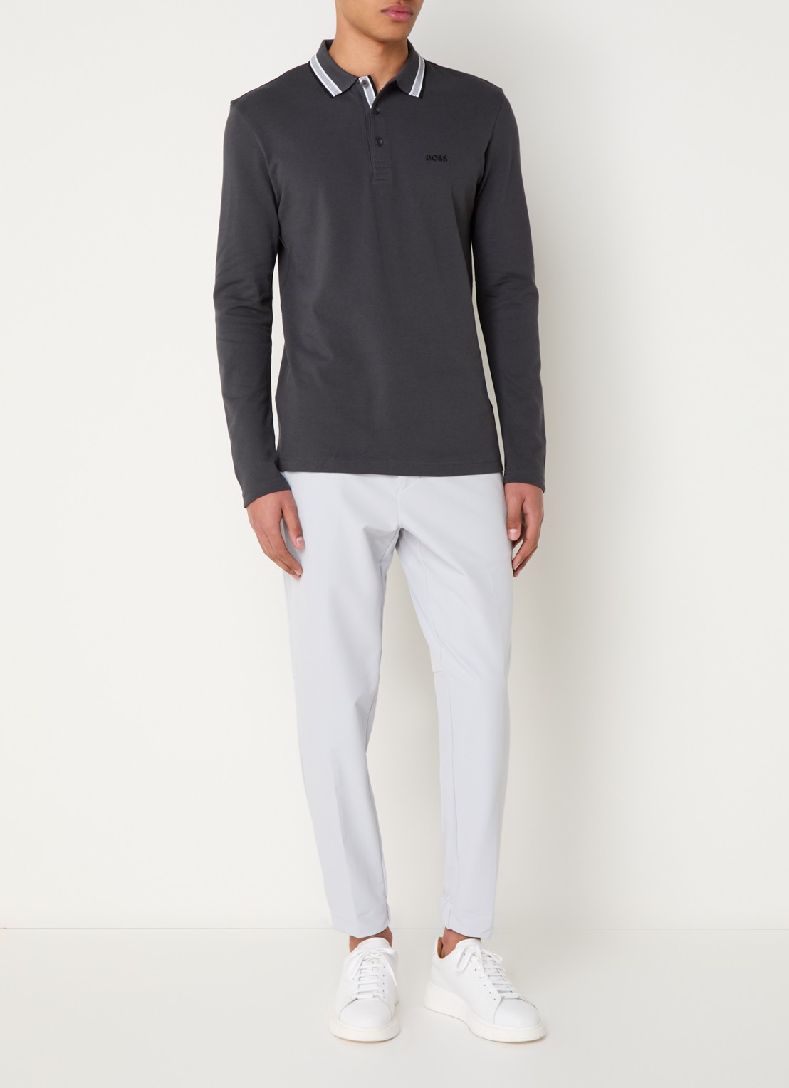 BOSS Polo van katoenpiqué met contrastlogo - voorkant 2 donkergrijs