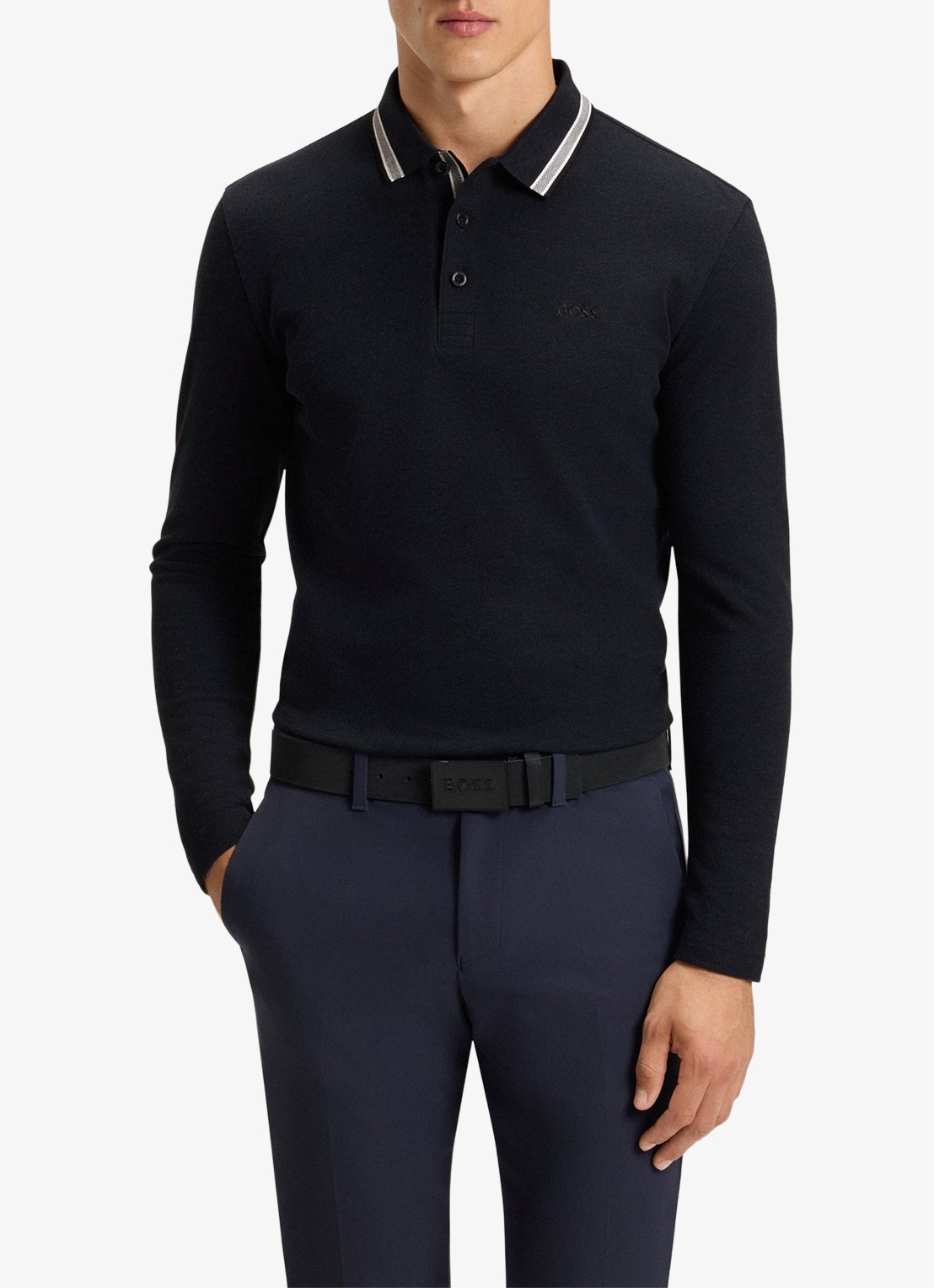 BOSS Polo van katoenpiqué met contrastlogo - detail donkerblauw