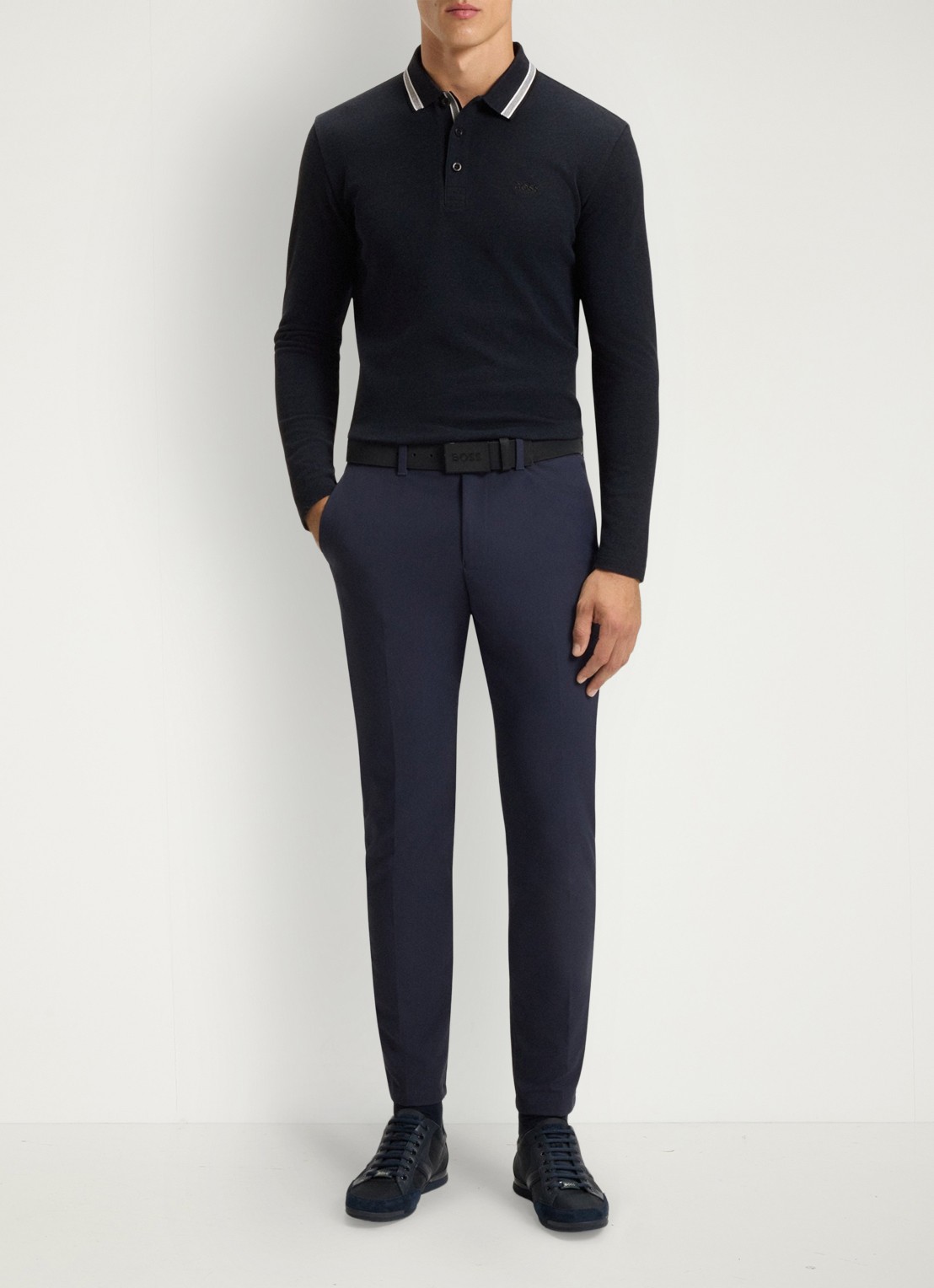 BOSS Polo van katoenpiqué met contrastlogo - voorkant 4 donkerblauw