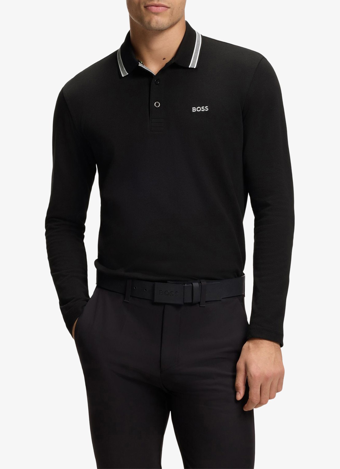 BOSS Polo van katoenpiqué met contrastlogo - detail zwart
