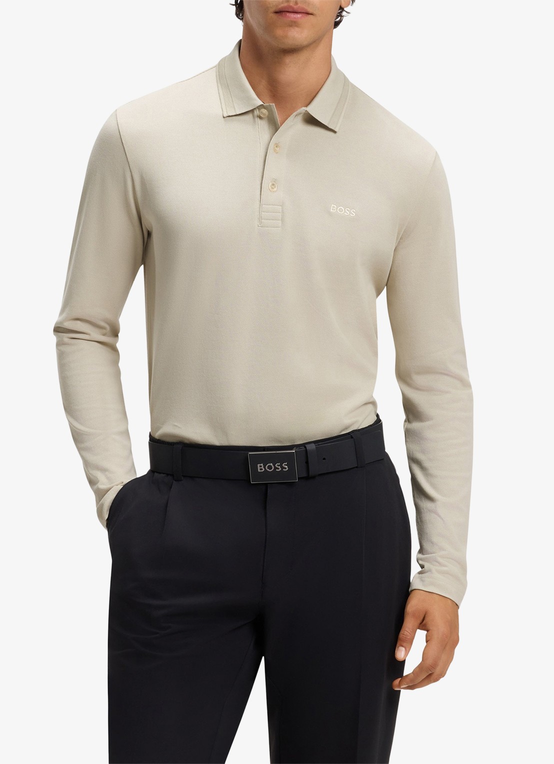 BOSS Polo van katoenpiqué met contrastlogo - detail beige