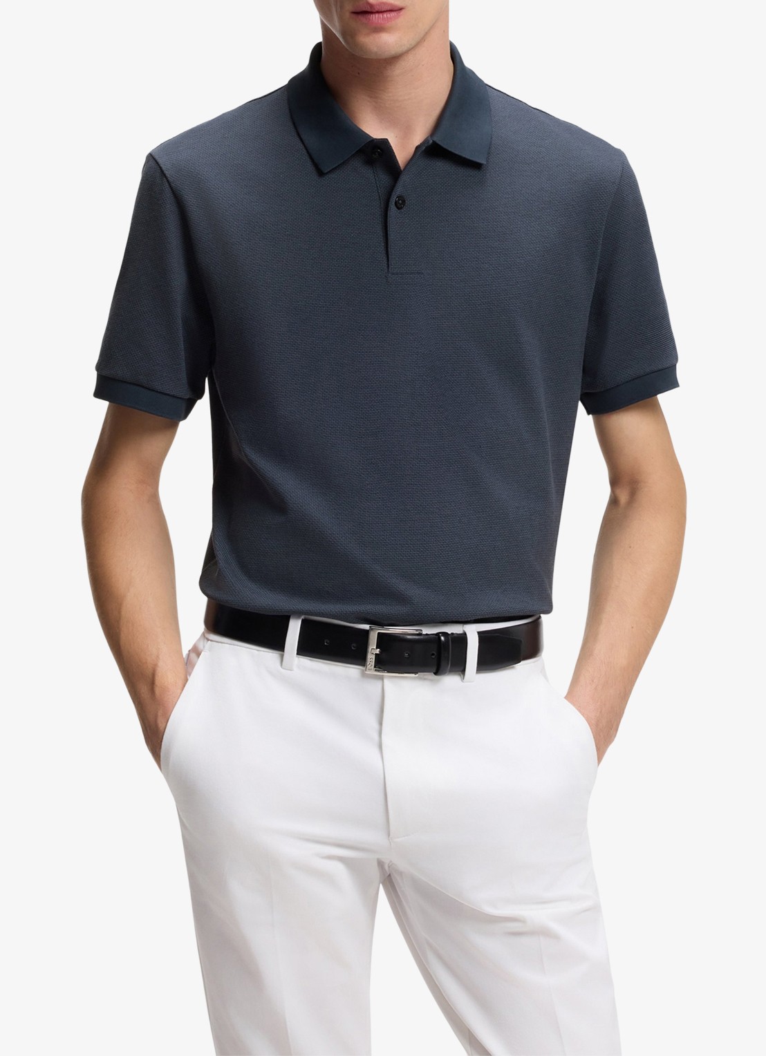 BOSS Poloshirt van katoen met bobbelstructuur - detail 4 blauwgrijs