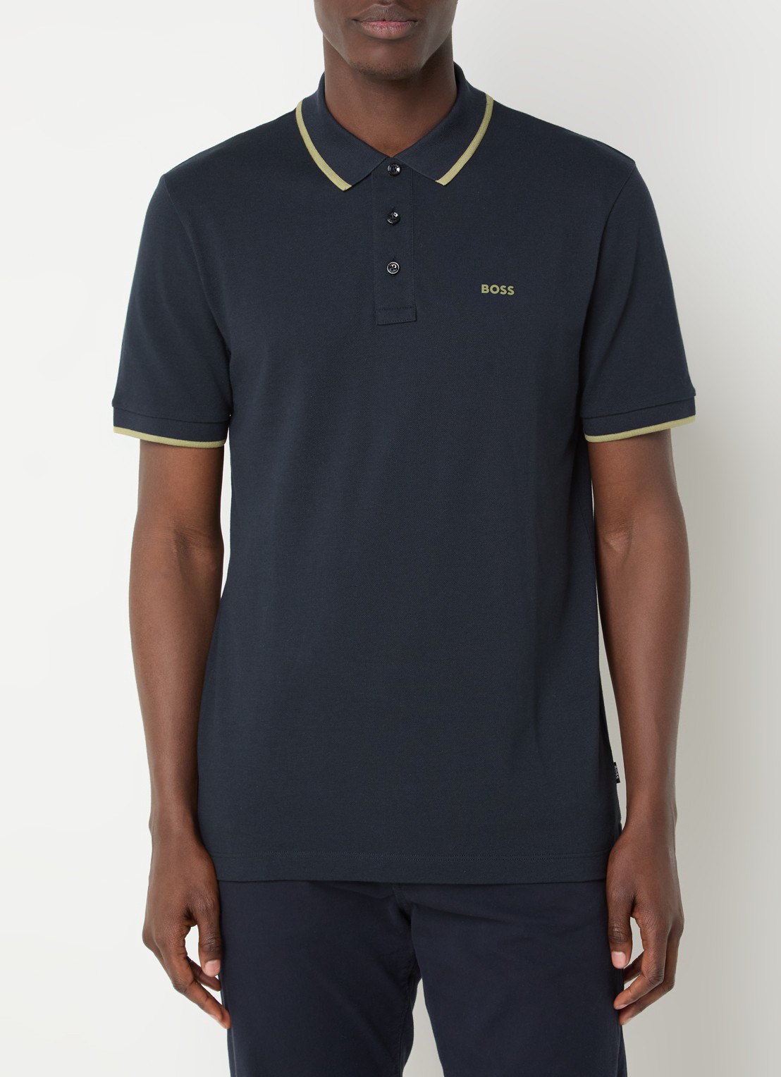 BOSS Poloshirt van katoenpiqué met contrasterende bies - detail 4 donkerblauw