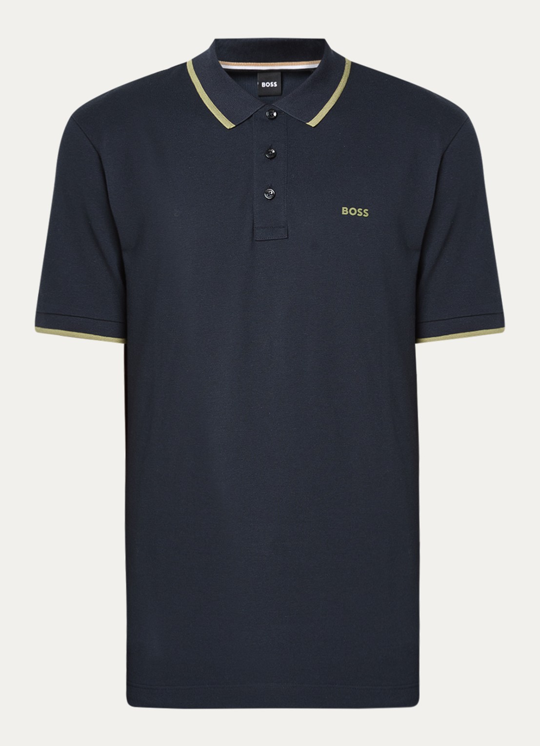 BOSS Poloshirt van katoenpiqué met contrasterende bies - voorkant 2 donkerblauw