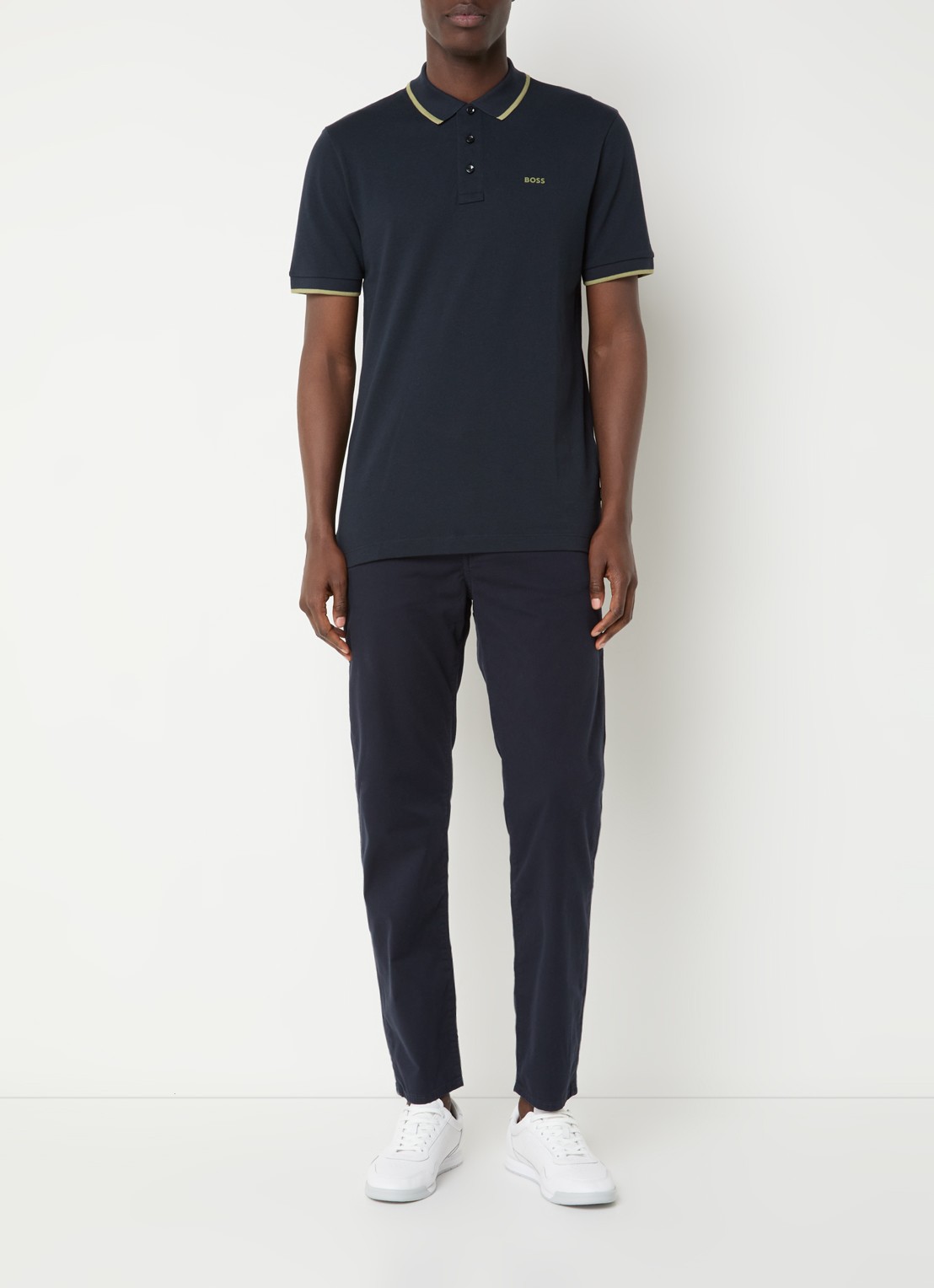 BOSS Poloshirt van katoenpiqué met contrasterende bies - voorkant 3 donkerblauw