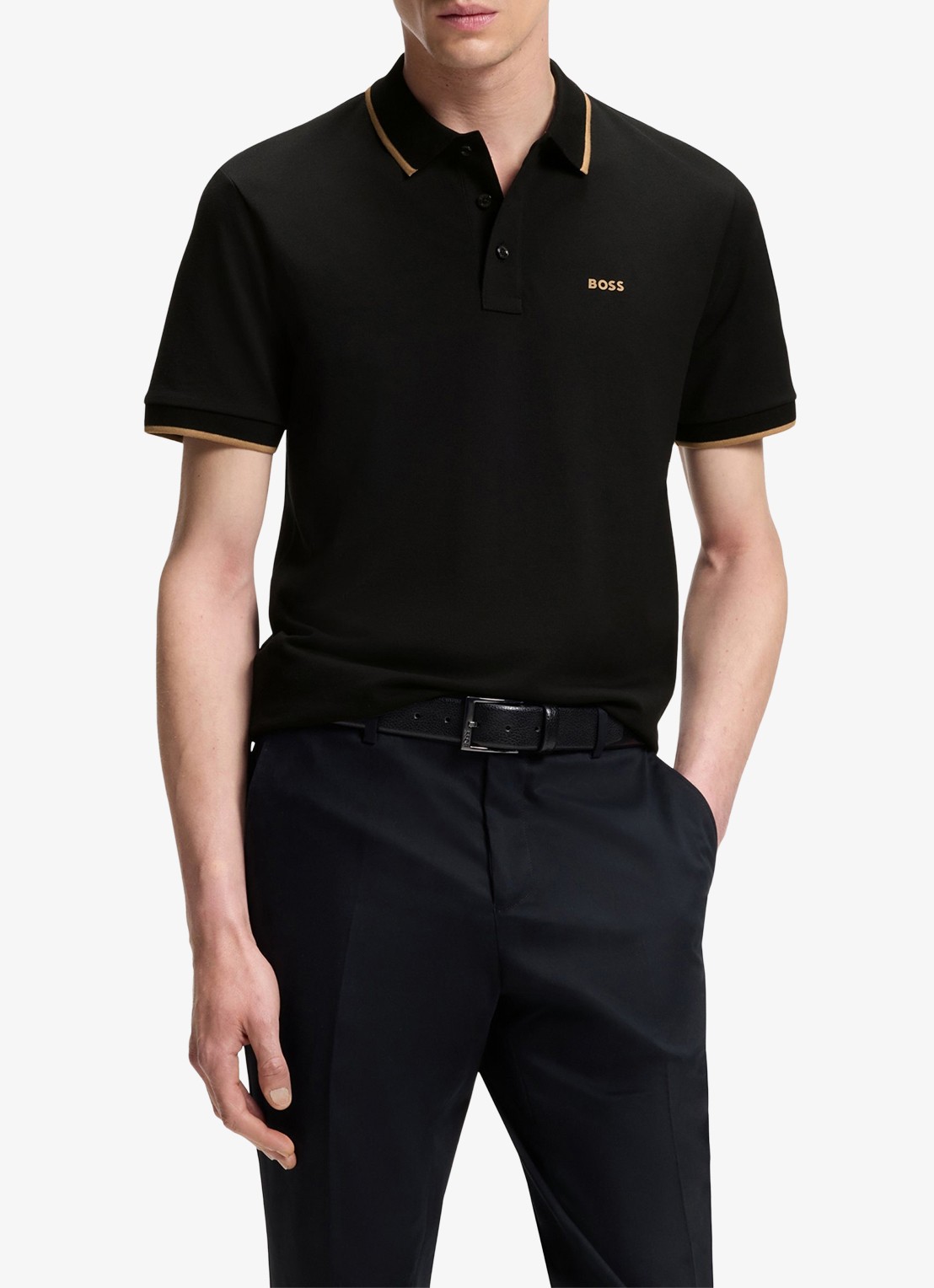 BOSS Poloshirt van katoenpiqué met contrasterende bies - detail 6 zwart