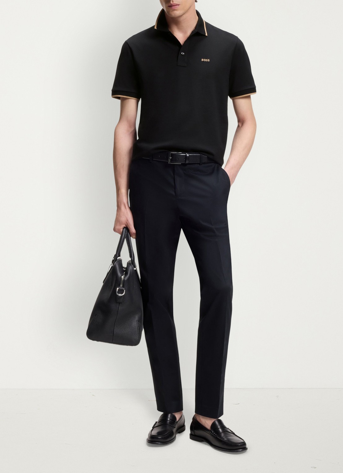 BOSS Poloshirt van katoenpiqué met contrasterende bies - voorkant 4 zwart