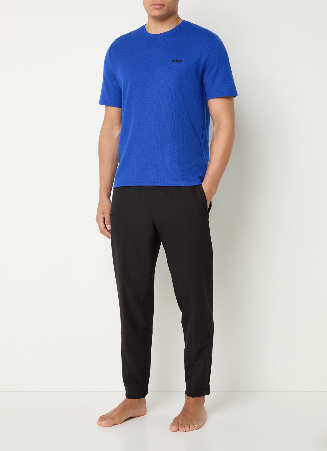 BOSS Pyjamashirt van een katoenmix met logostiksel - voorkant 3 bright blue-430 / blauw