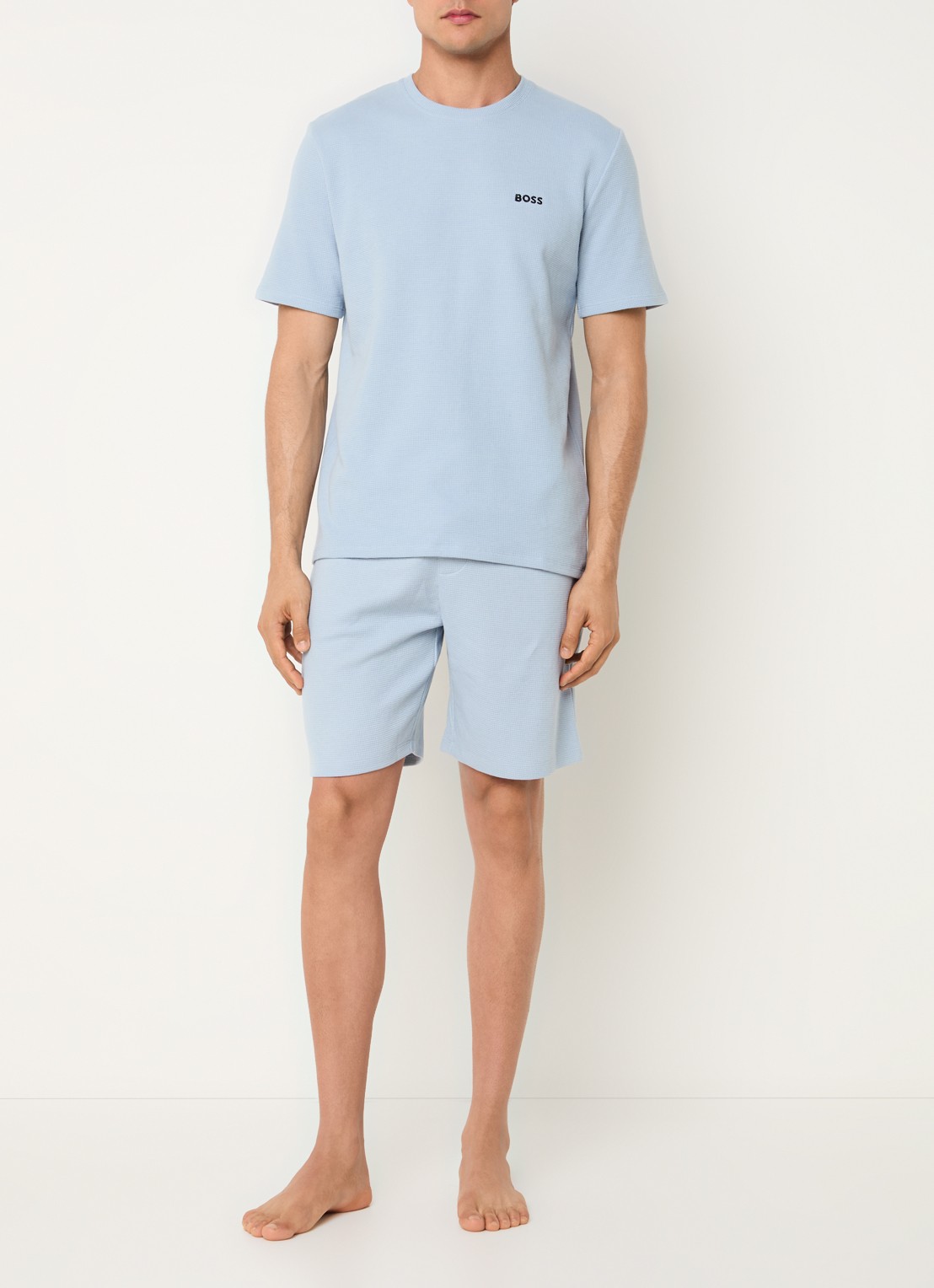 BOSS Pyjamashirt van een katoenmix met logostiksel - voorkant 2 open blue-483 / lichtblauw