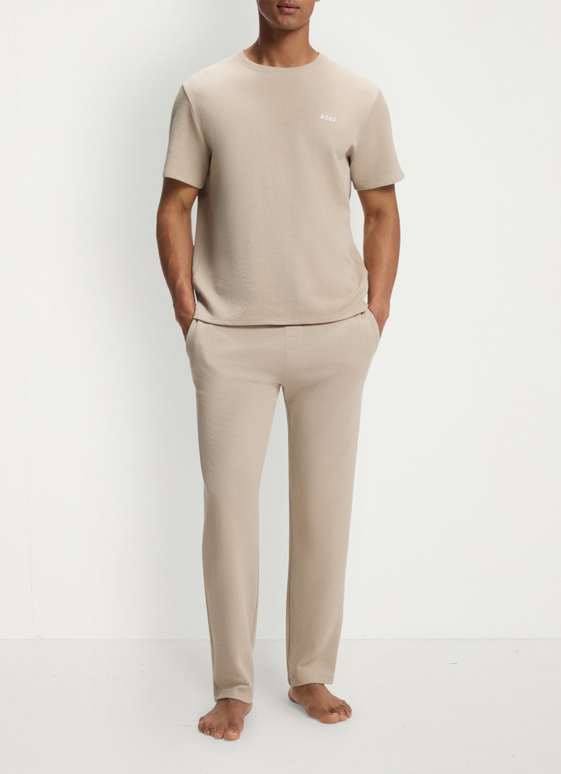 BOSS Pyjamashirt van een katoenmix met logostiksel - voorkant 5 light beige-275 / beige