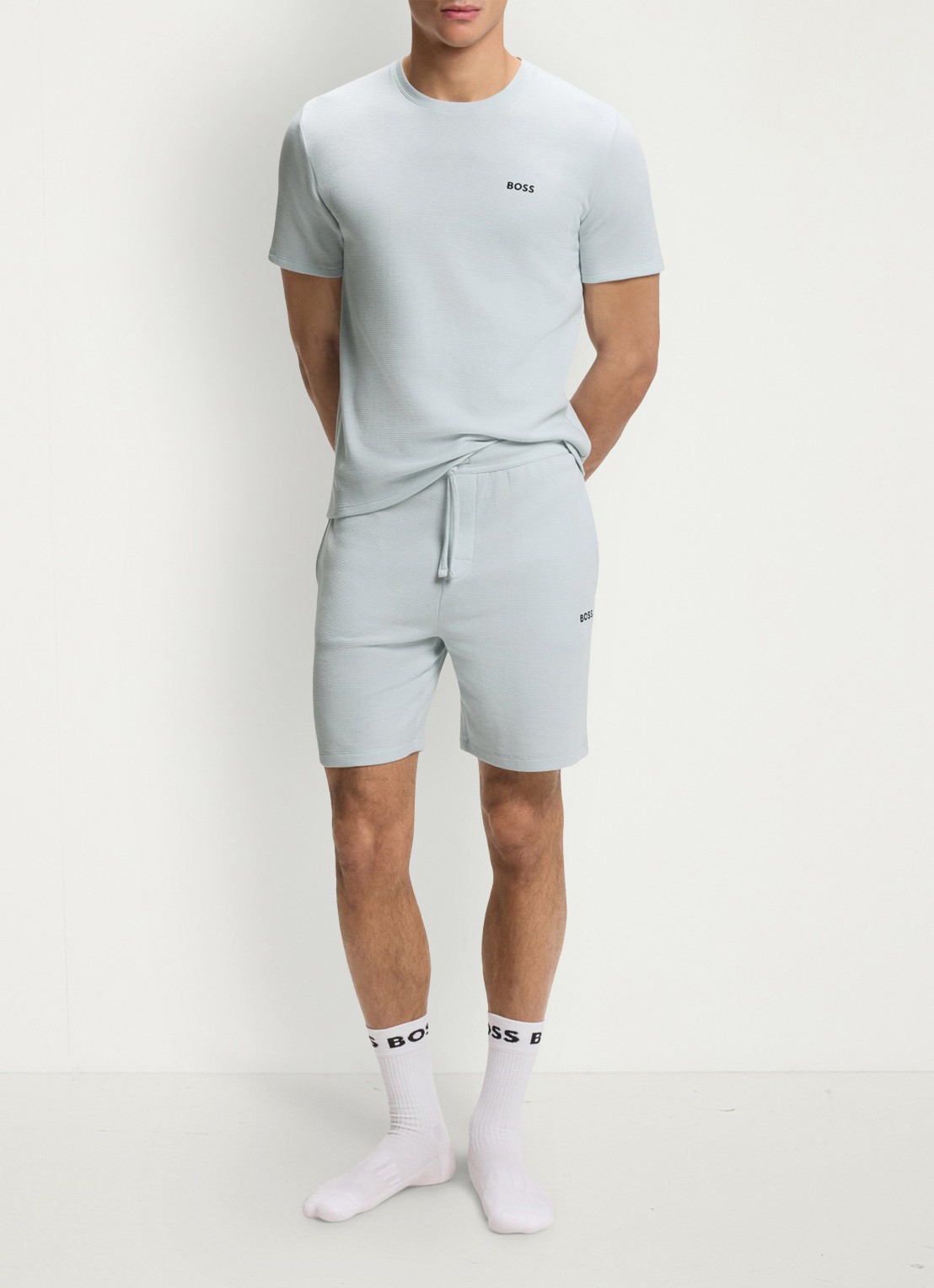 BOSS Pyjamashirt van een katoenmix met logostiksel - voorkant 5 open blue-499 / blauw