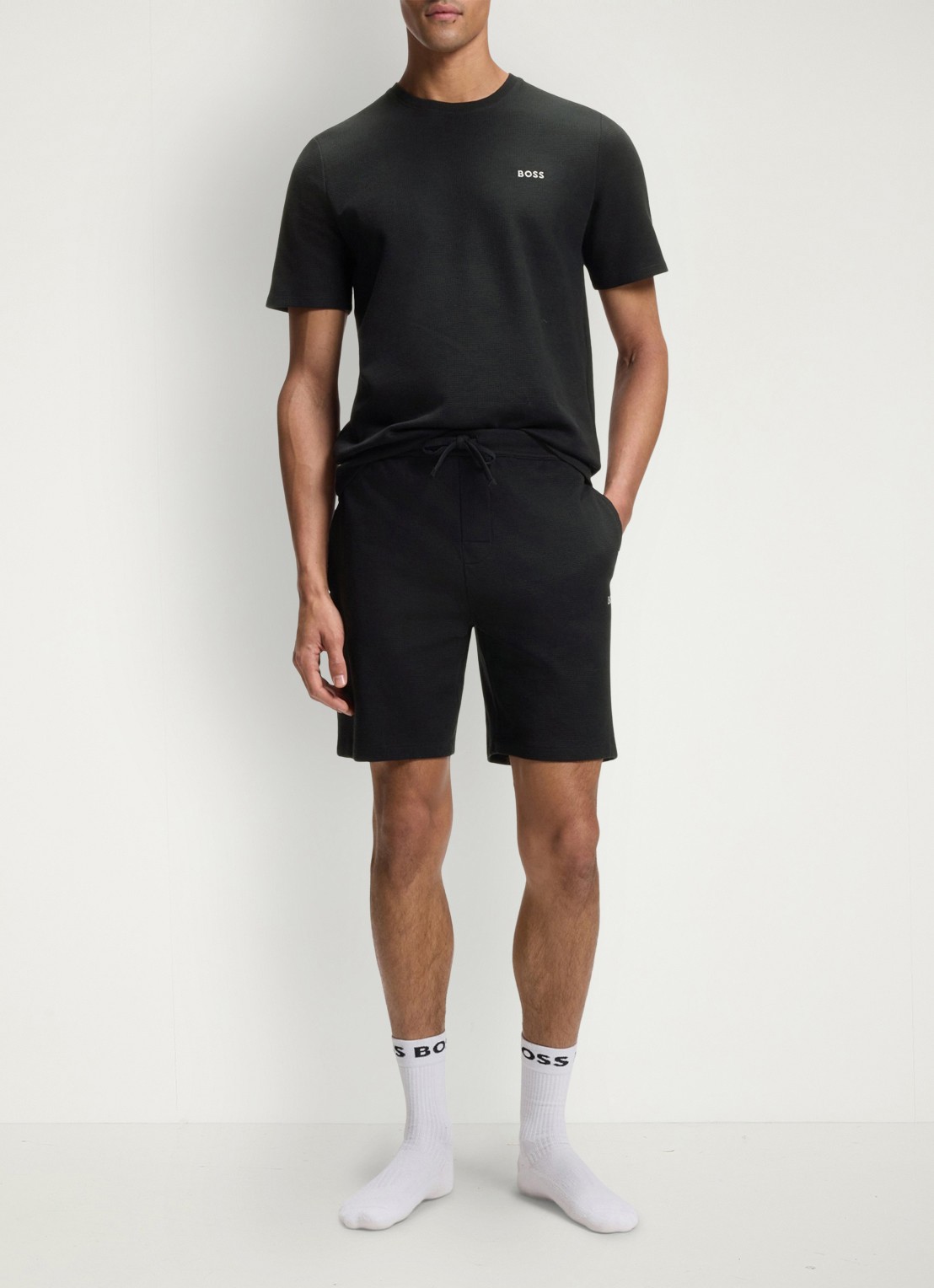 BOSS Pyjamashort van een katoenmix met logostiksel - voorkant 4 black-001 / zwart