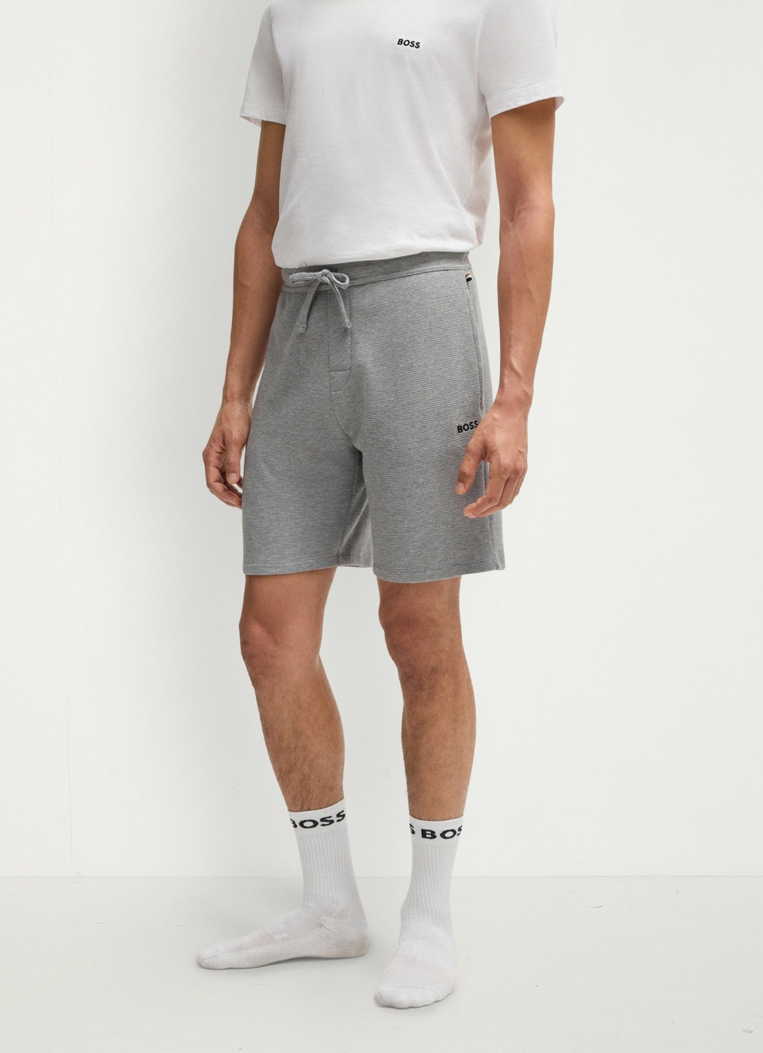 BOSS Pyjamashort van een katoenmix met logostiksel - detail medium grey-033 / grijs