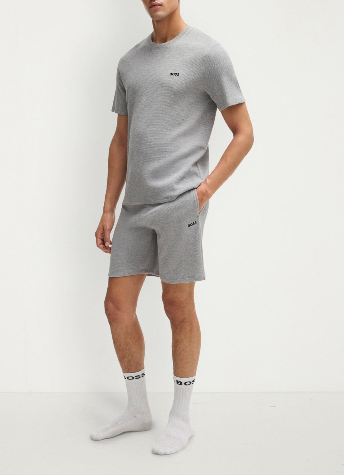 BOSS Pyjamashort van een katoenmix met logostiksel - voorkant 5 medium grey-033 / grijs