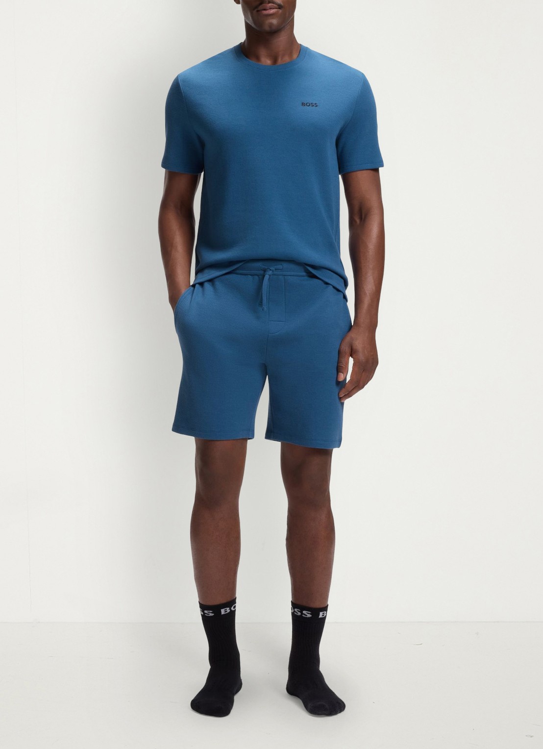 BOSS Pyjamashort van een katoenmix met logostiksel - voorkant 3 open blue-462 / blauw