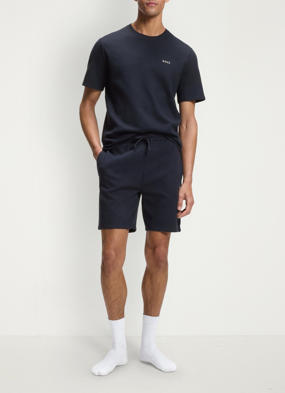 BOSS Pyjamashort van een katoenmix met logostiksel - voorkant 4 dark blue-403 / blauw