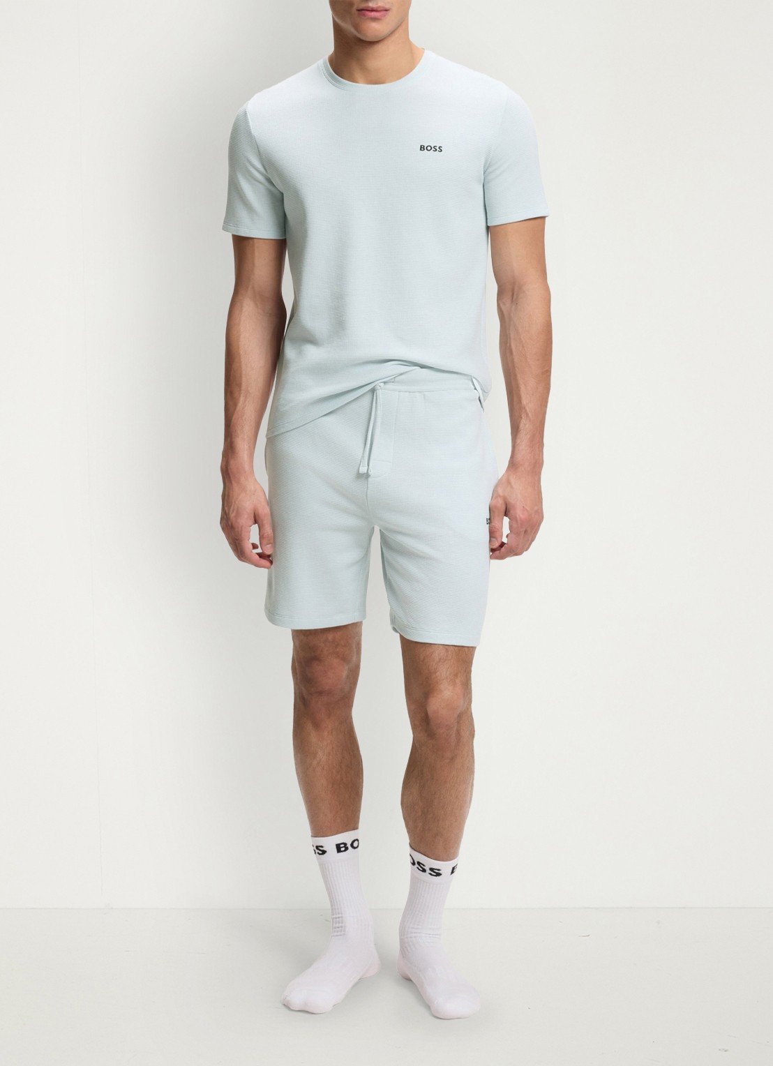BOSS Pyjamashort van een katoenmix met logostiksel - voorkant 2 open blue-499 / blauw