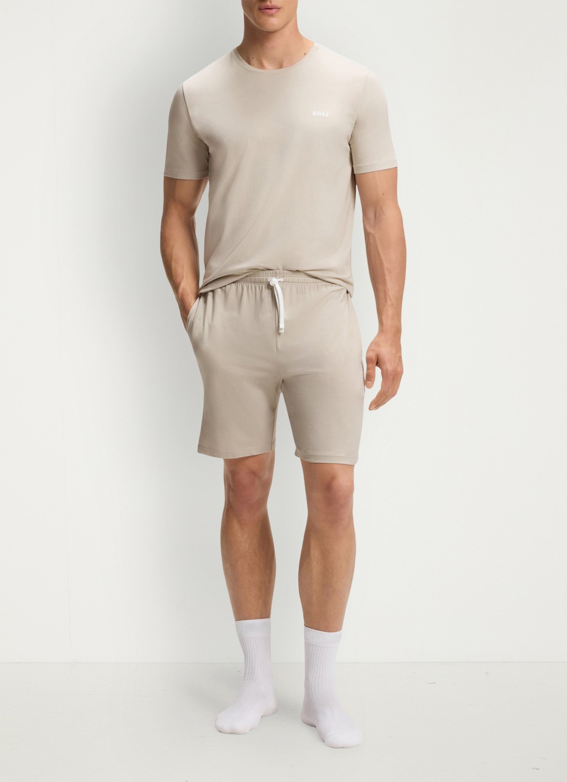BOSS Pyjamatop met logo - voorkant 4 donkerbeige