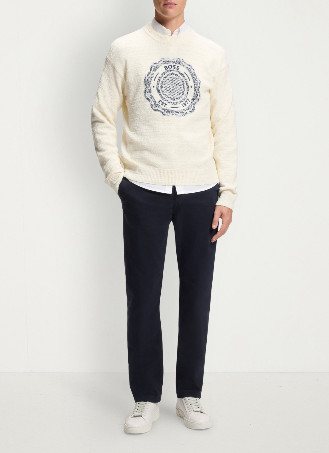 BOSS Regular-fit broek van elastisch katoenen satijn - voorkant 2 donkerblauw
