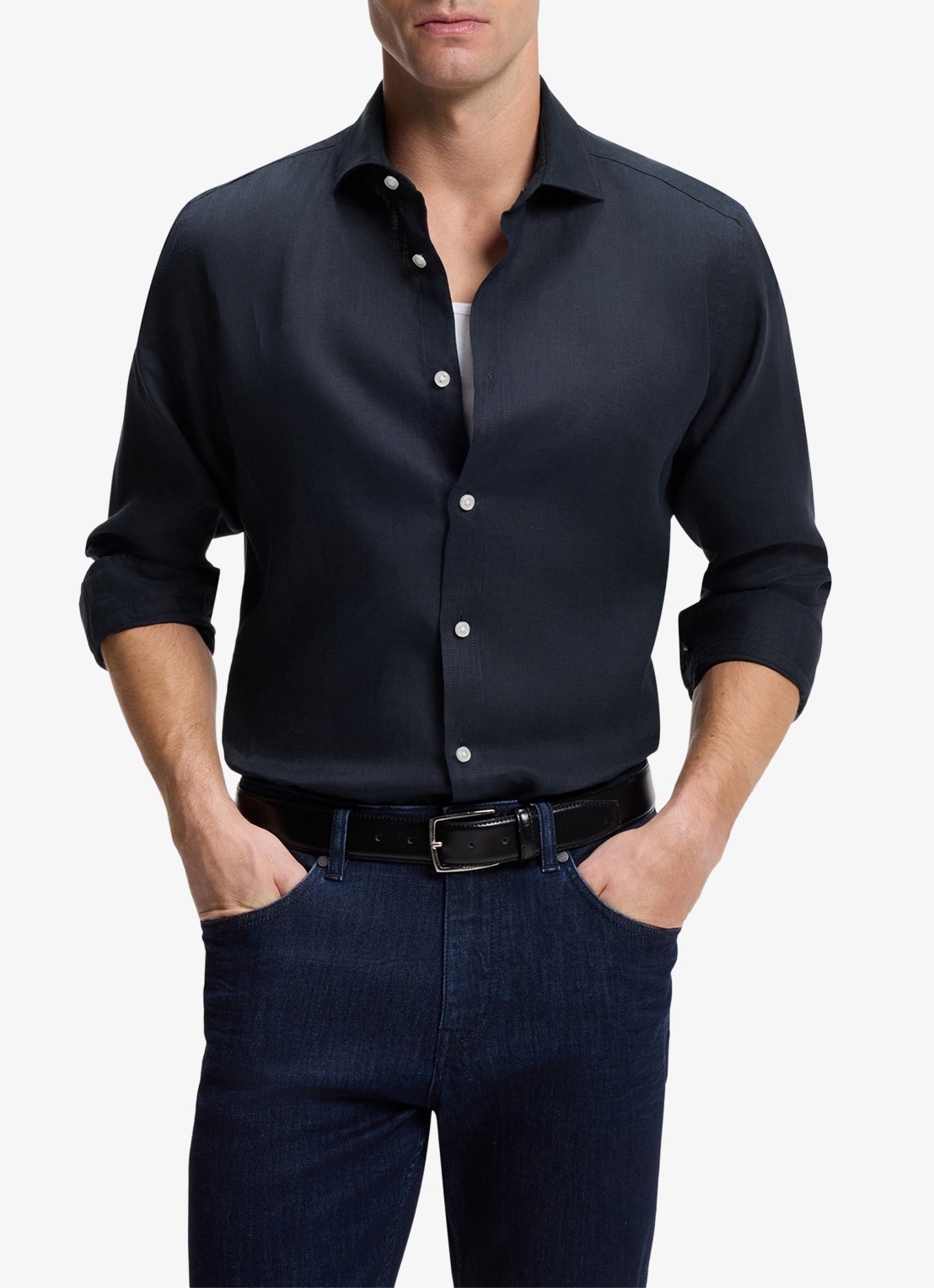 BOSS Regular fit overhemd in linnen met kent kraag - detail 4 donkerblauw