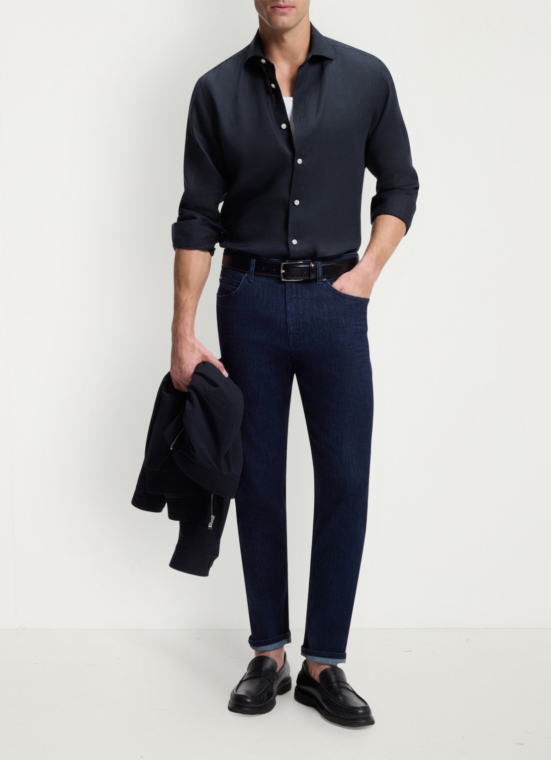 BOSS Regular fit overhemd in linnen met kent kraag - voorkant 3 donkerblauw